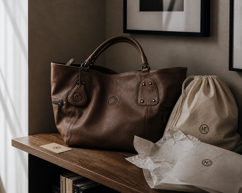 Keyword-led for SEO How to store leather bags at home: a brown Hestern leather handbag on a shelf with its dust bag and acid-free tissue, away from direct sunlight.