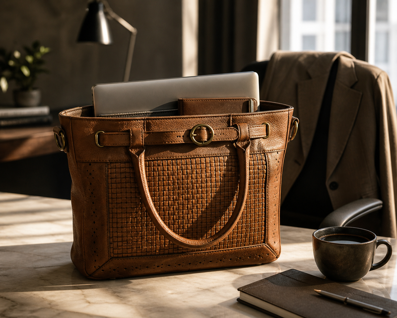 Tan full-grain leather tote bag for women on a marble desk with a 14-inch laptop and notebook, styled as a premium work bag.