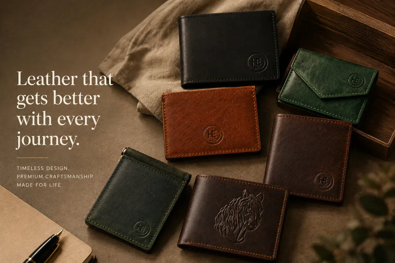 Hestern leather wallets for men collection in brown, tan, green and black full-grain leather, including bifold, card holder and money clip styles
