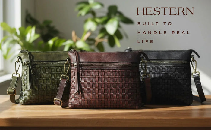 Woven Elegance Leather Handbag - Olive Colour