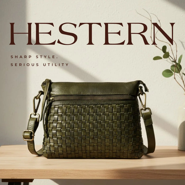 Woven Elegance Leather Handbag - Olive Colour