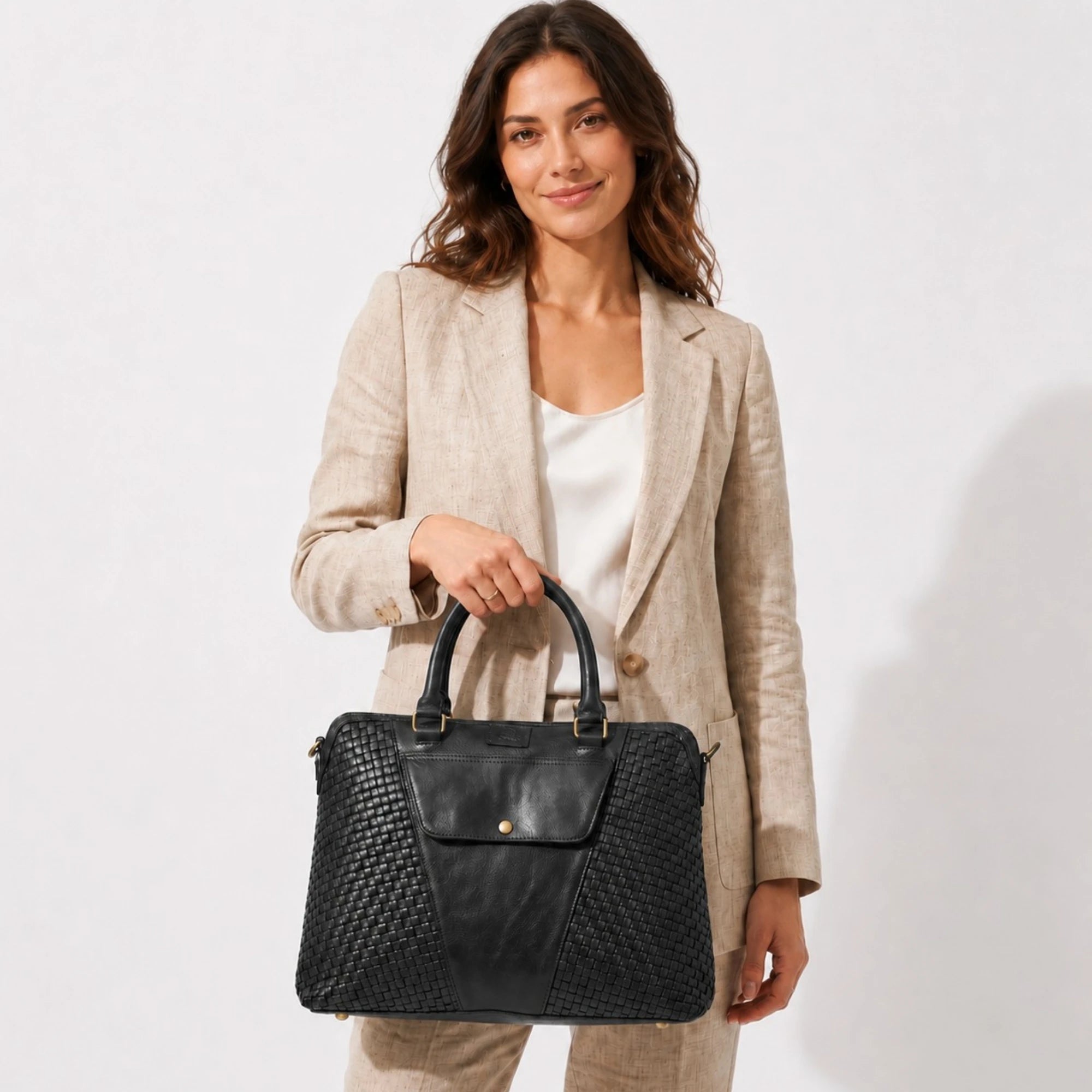 Verona Woven Leather Work Tote – Black