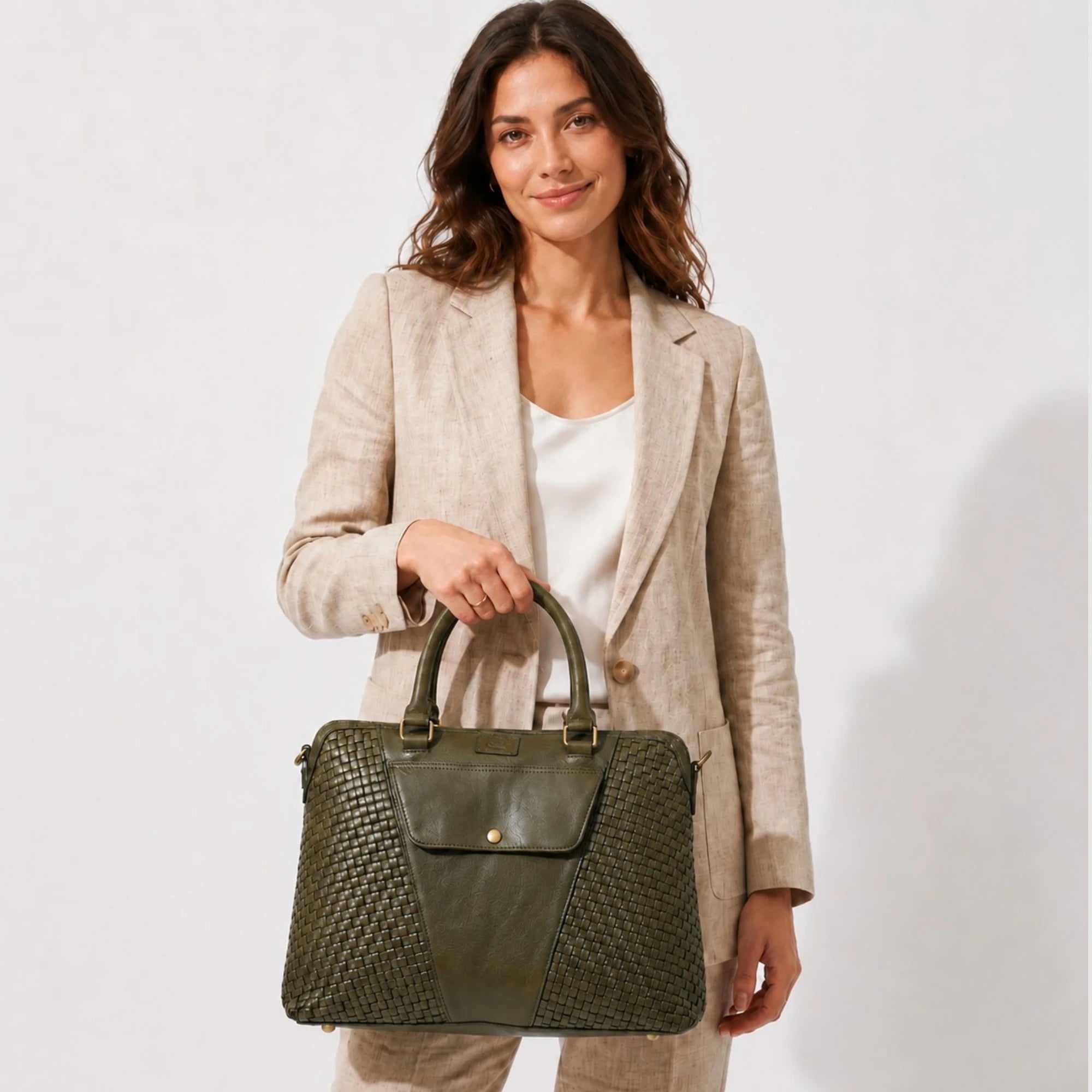 Verona Woven Leather Work Tote – Olive Green
