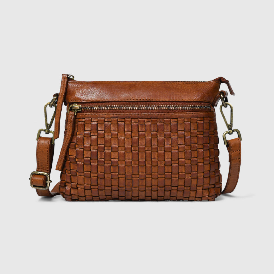 Woven Elegance Leather Handbag - Tan Colour