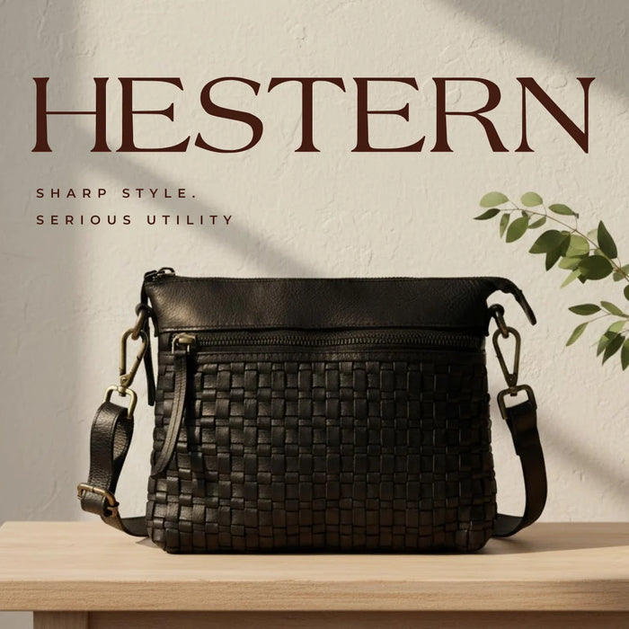 Woven Elegance Leather Handbag - Black Colour