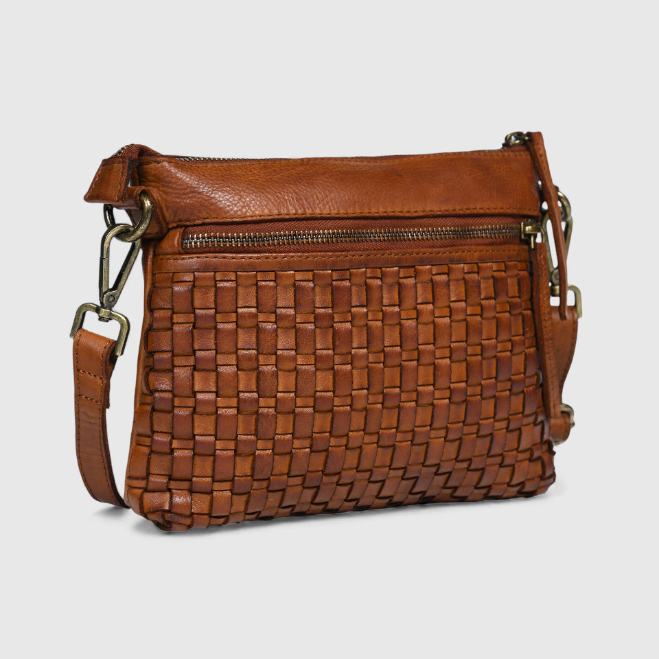 Woven Elegance Leather Handbag - Tan Colour