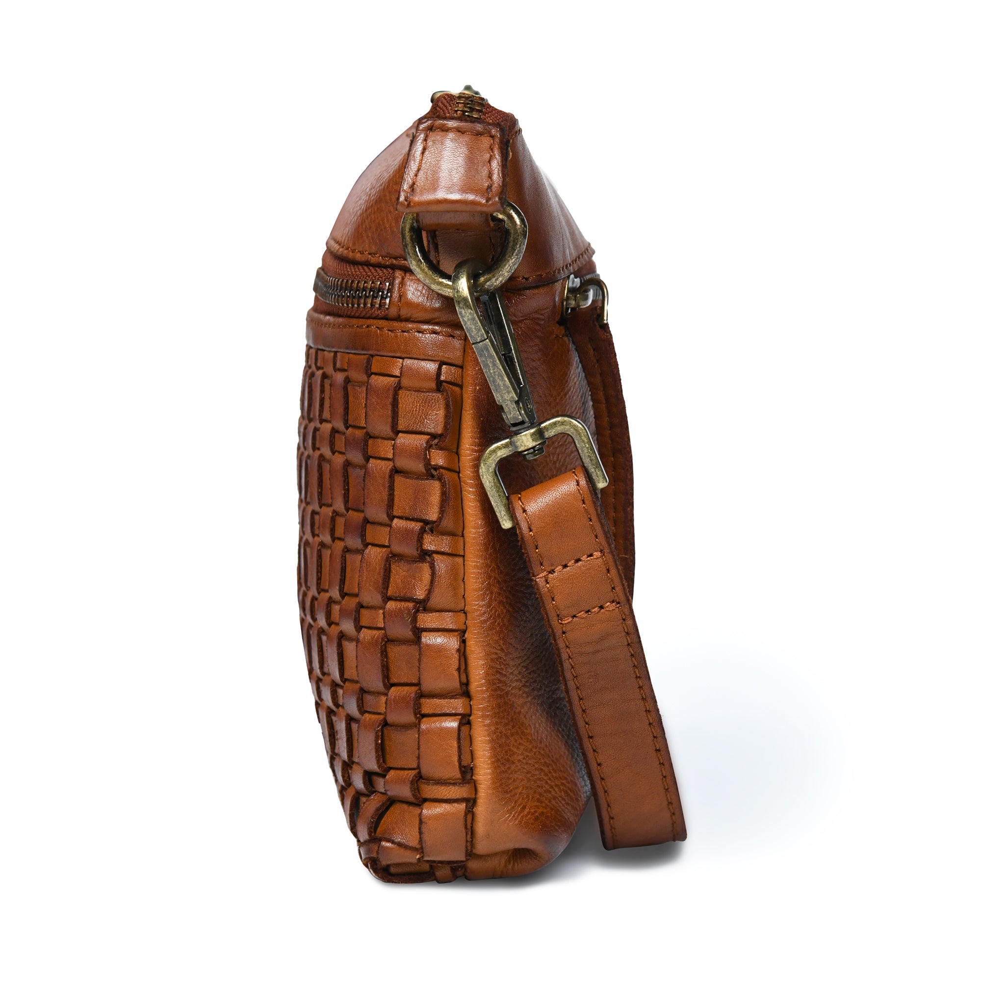 Woven Elegance Leather Handbag - Tan Colour