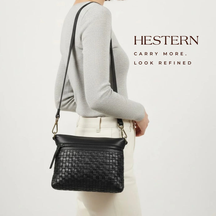 Woven Elegance Leather Handbag - Black Colour