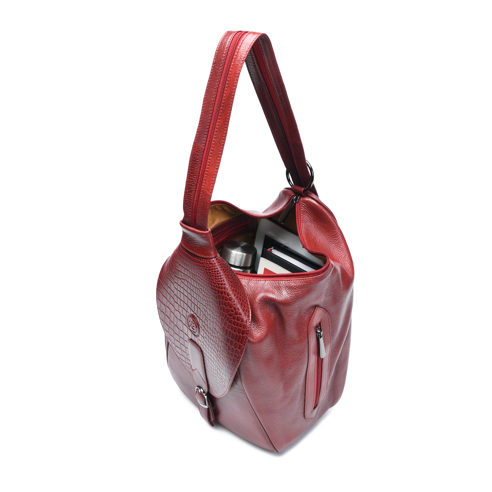 Maroon Croco Leather Shoulder Bag - Cherry Red Colour