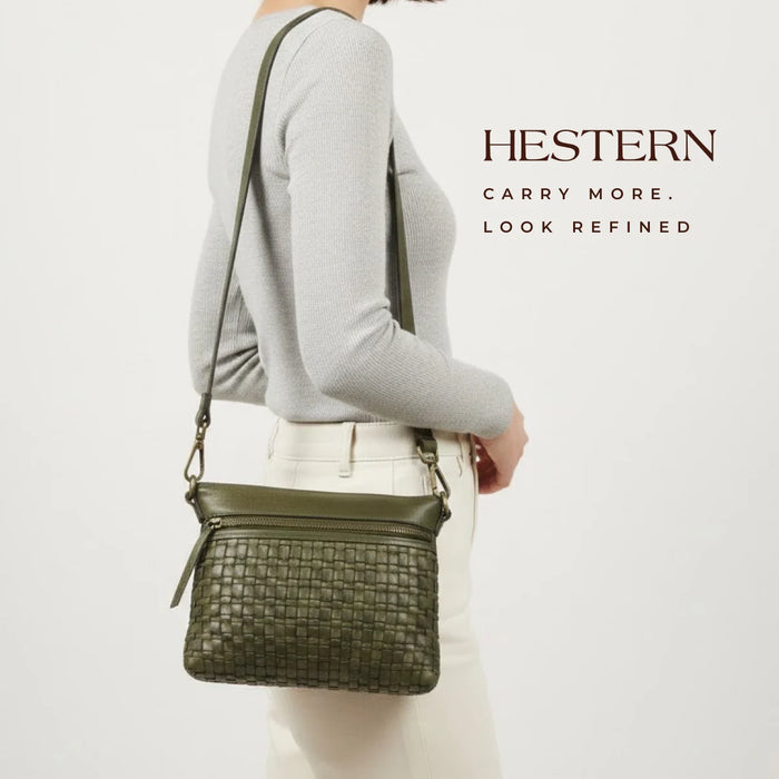 Woven Elegance Leather Handbag - Olive Colour