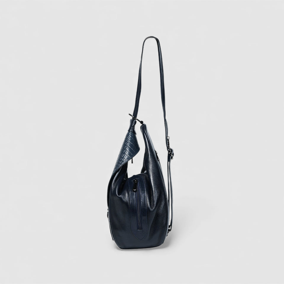 Croco Leather Shoulder Bag - Navy Blue