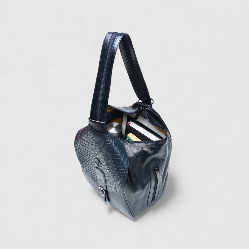 Croco Leather Shoulder Bag - Navy Blue