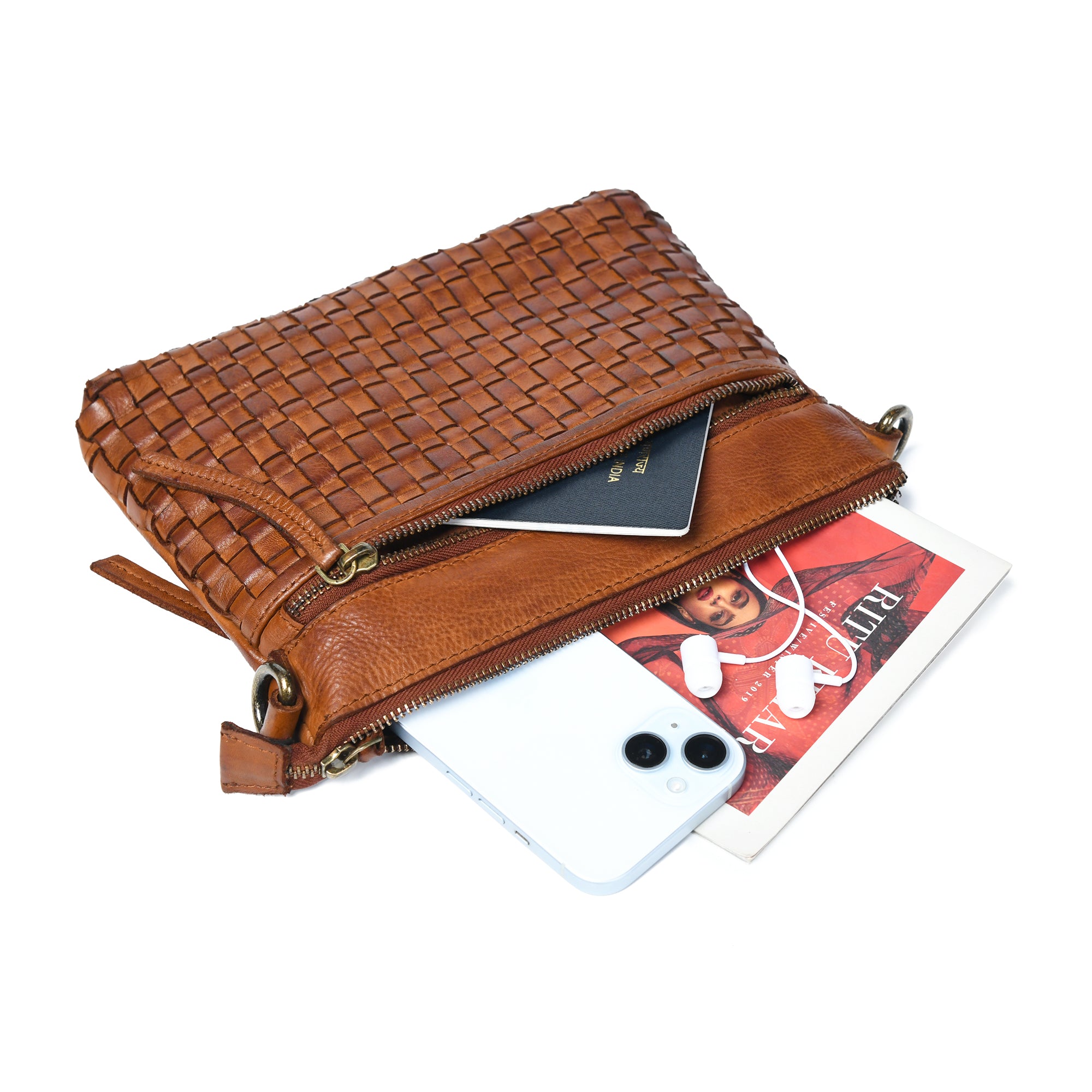 Woven Elegance Leather Handbag - Tan Colour