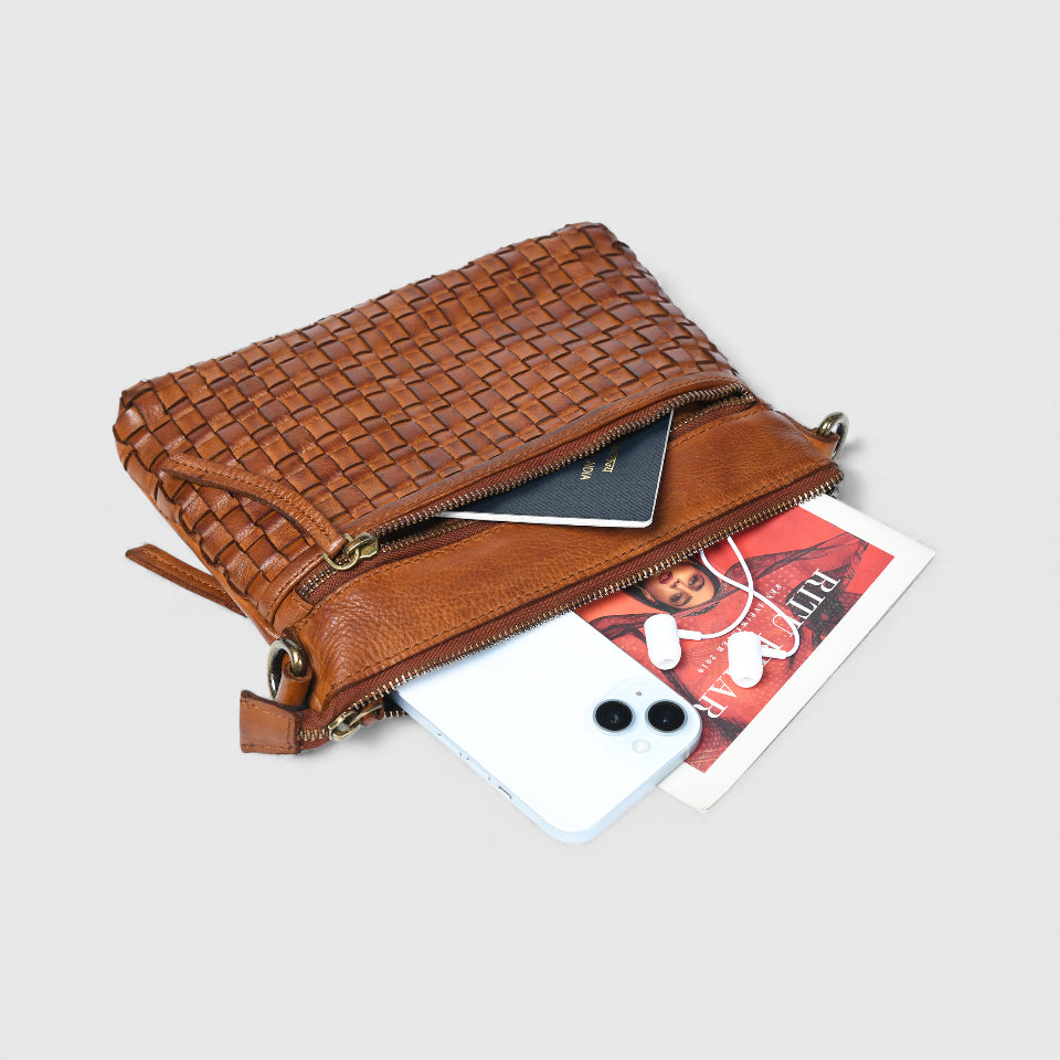 Woven Elegance Leather Handbag - Tan Colour