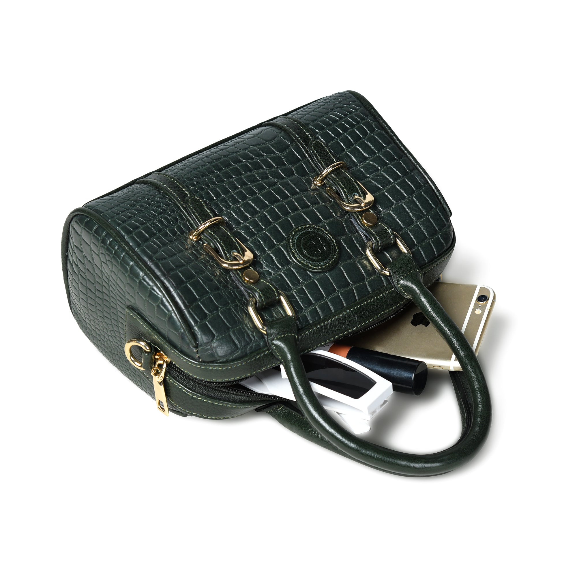 Emerald Luxe Croc Satchel - Dark Green