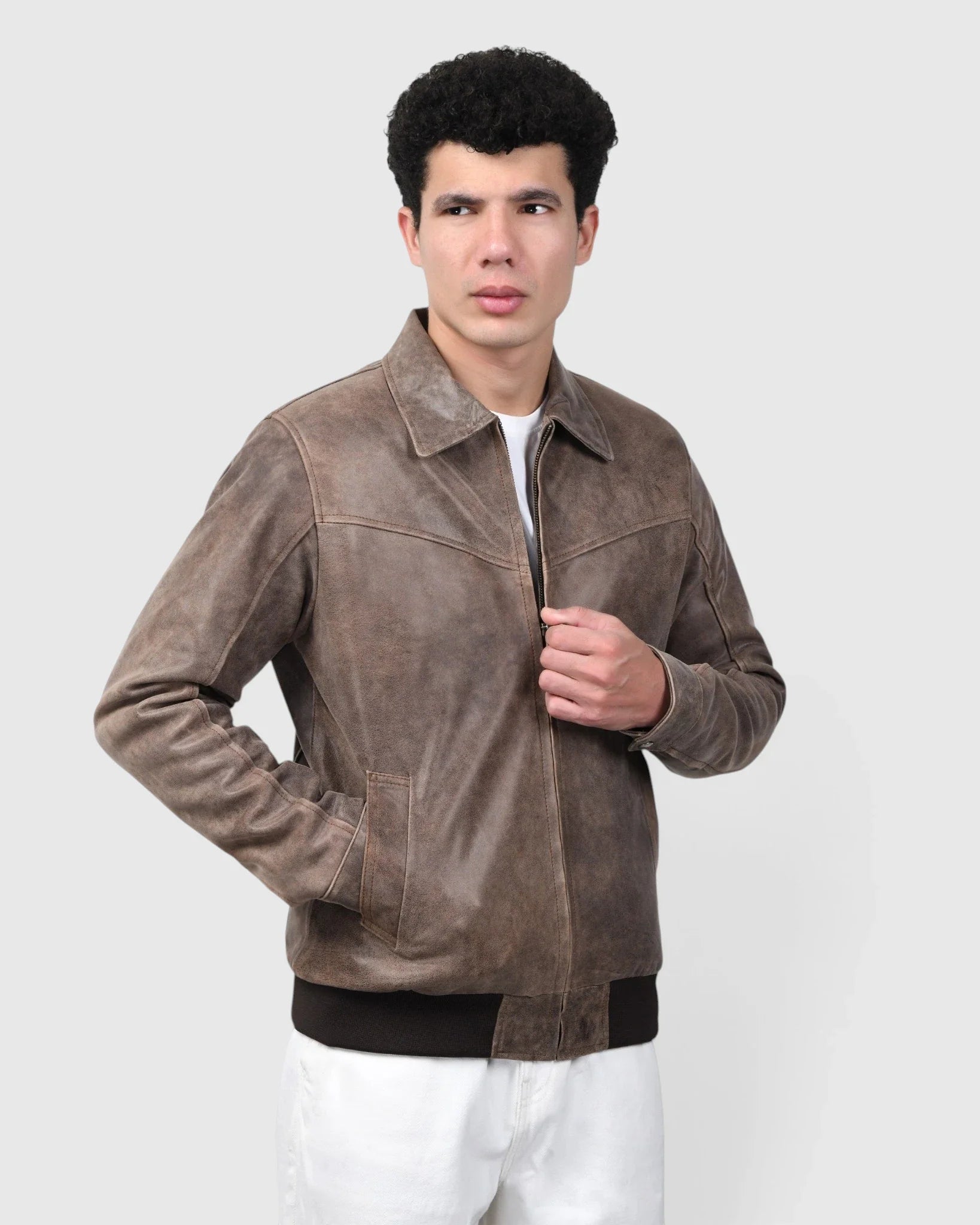 Heritage Drift Leather Bomber Jacket – Vintage Taupe