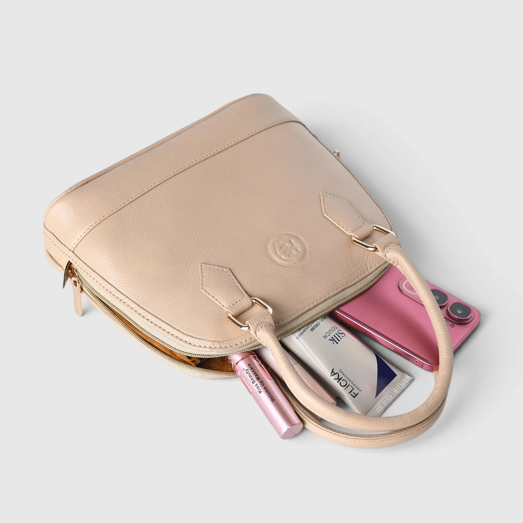 The Monroe Classic Leather Satchel - Beige Colour