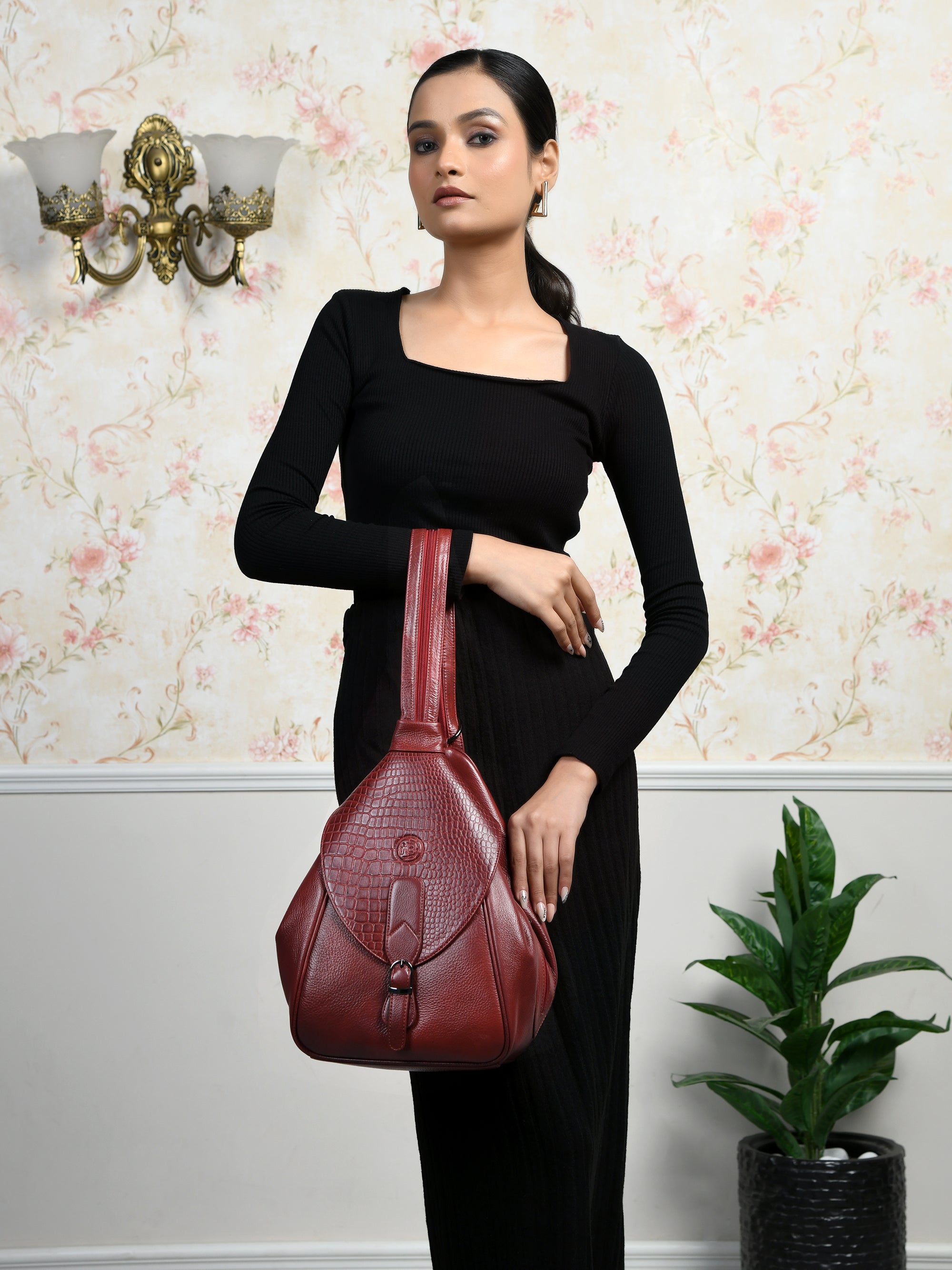 Maroon Croco Leather Shoulder Bag