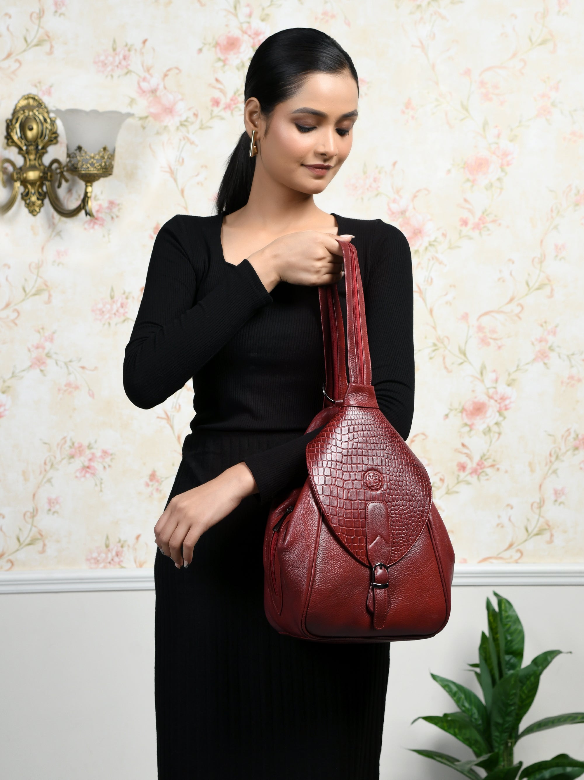 Maroon Croco Leather Shoulder Bag - Cherry Red Colour