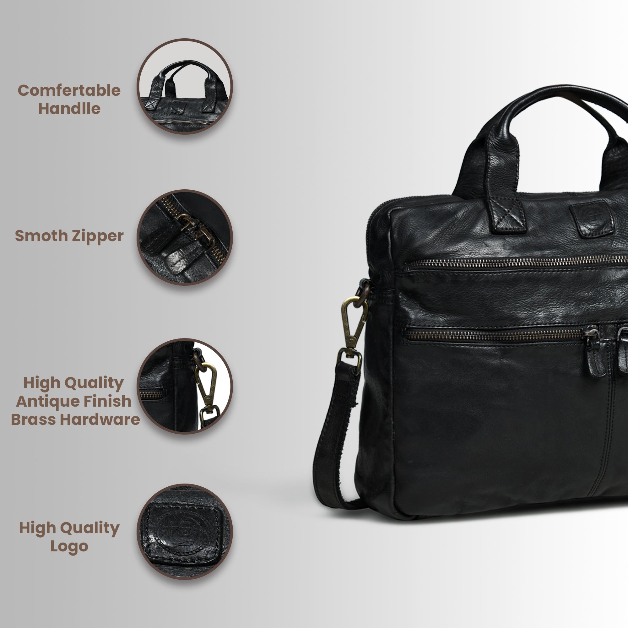 Voyager Vintage Leather Laptop Bag - Black Colour