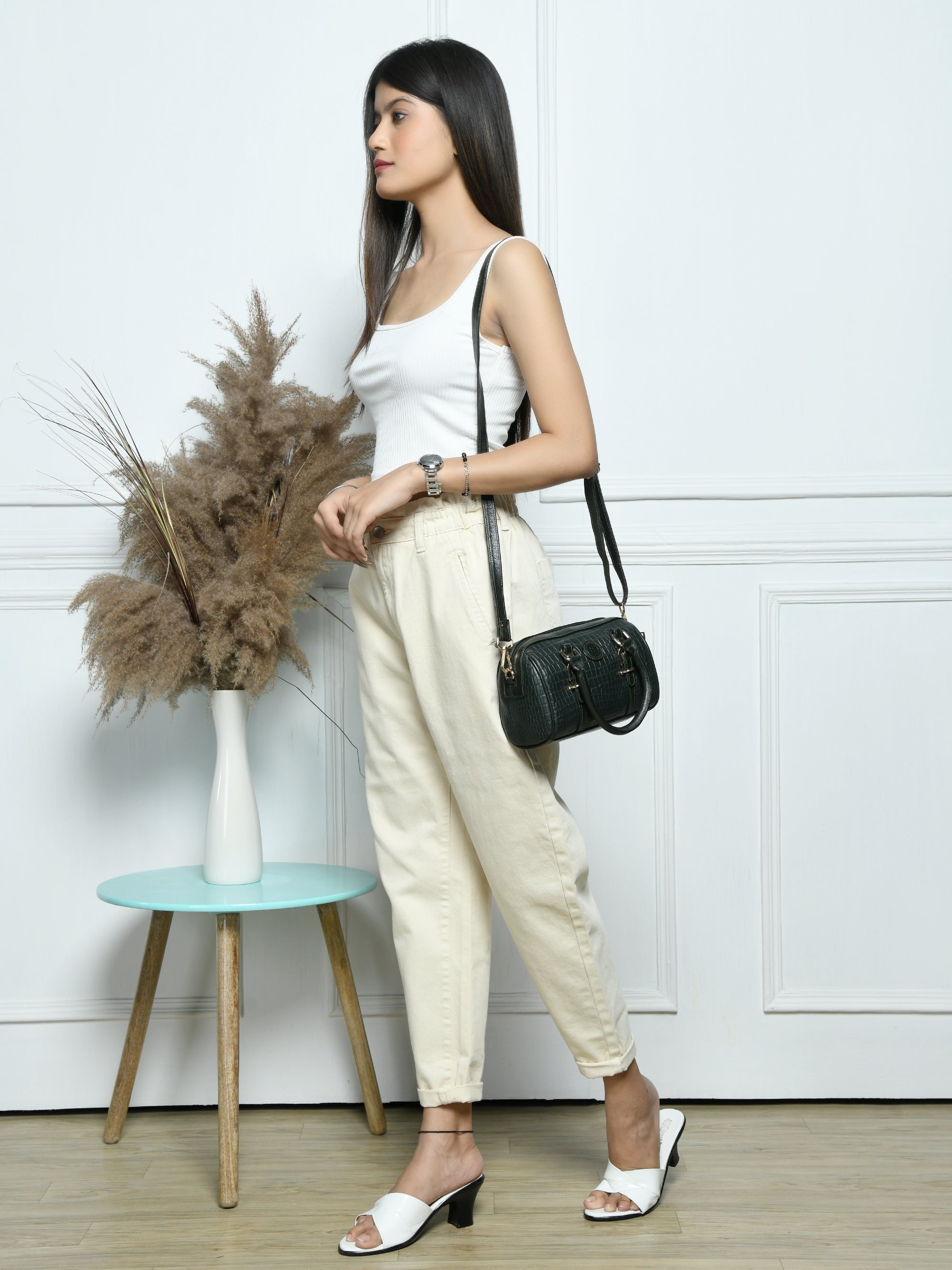 Emerald Luxe Croc Satchel - Dark Green