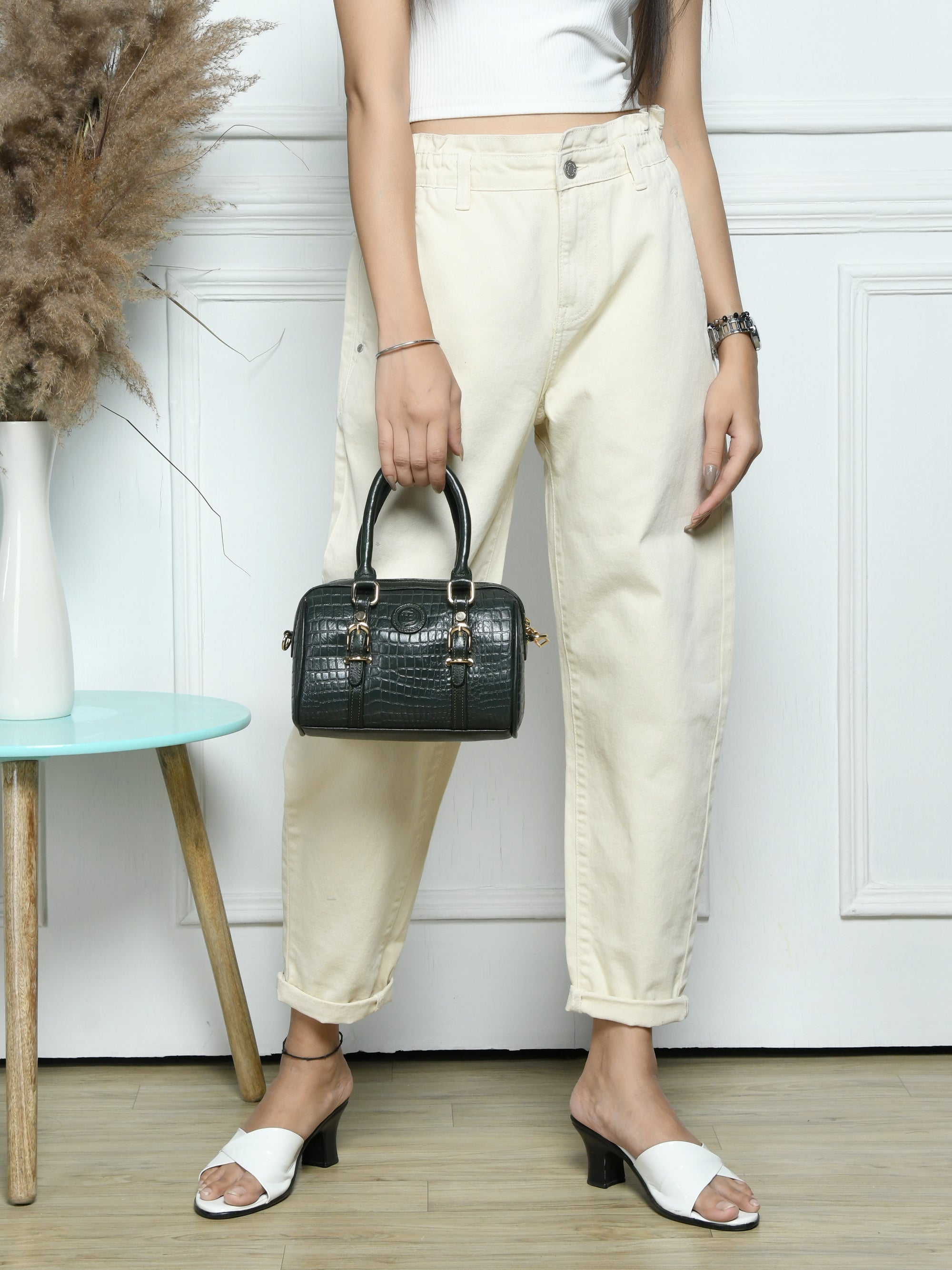 Emerald Luxe Croc Satchel - Dark Green