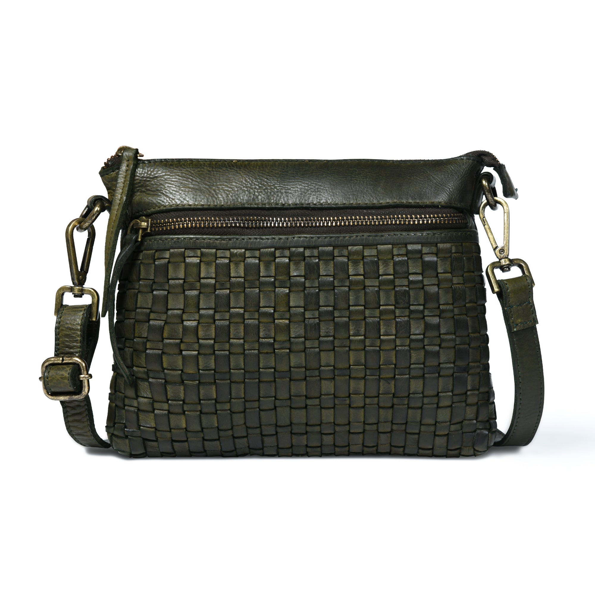 Woven Elegance Leather Handbag - Olive Colour