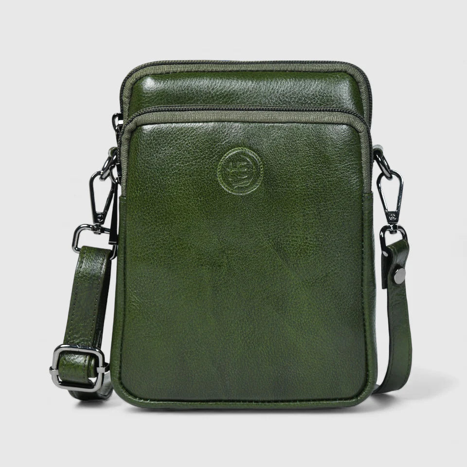 🎁 AmberStride Leather Sling Bag – Olive Colour