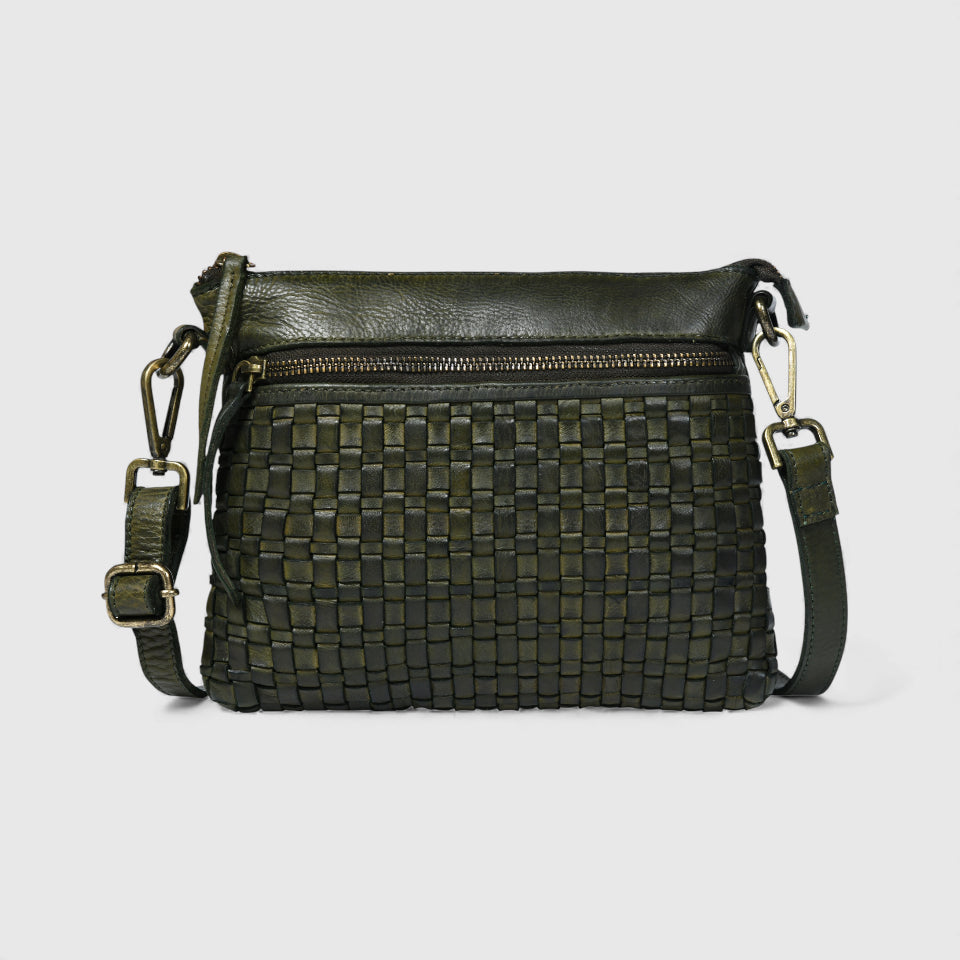 Woven Elegance Leather Handbag - Olive Colour