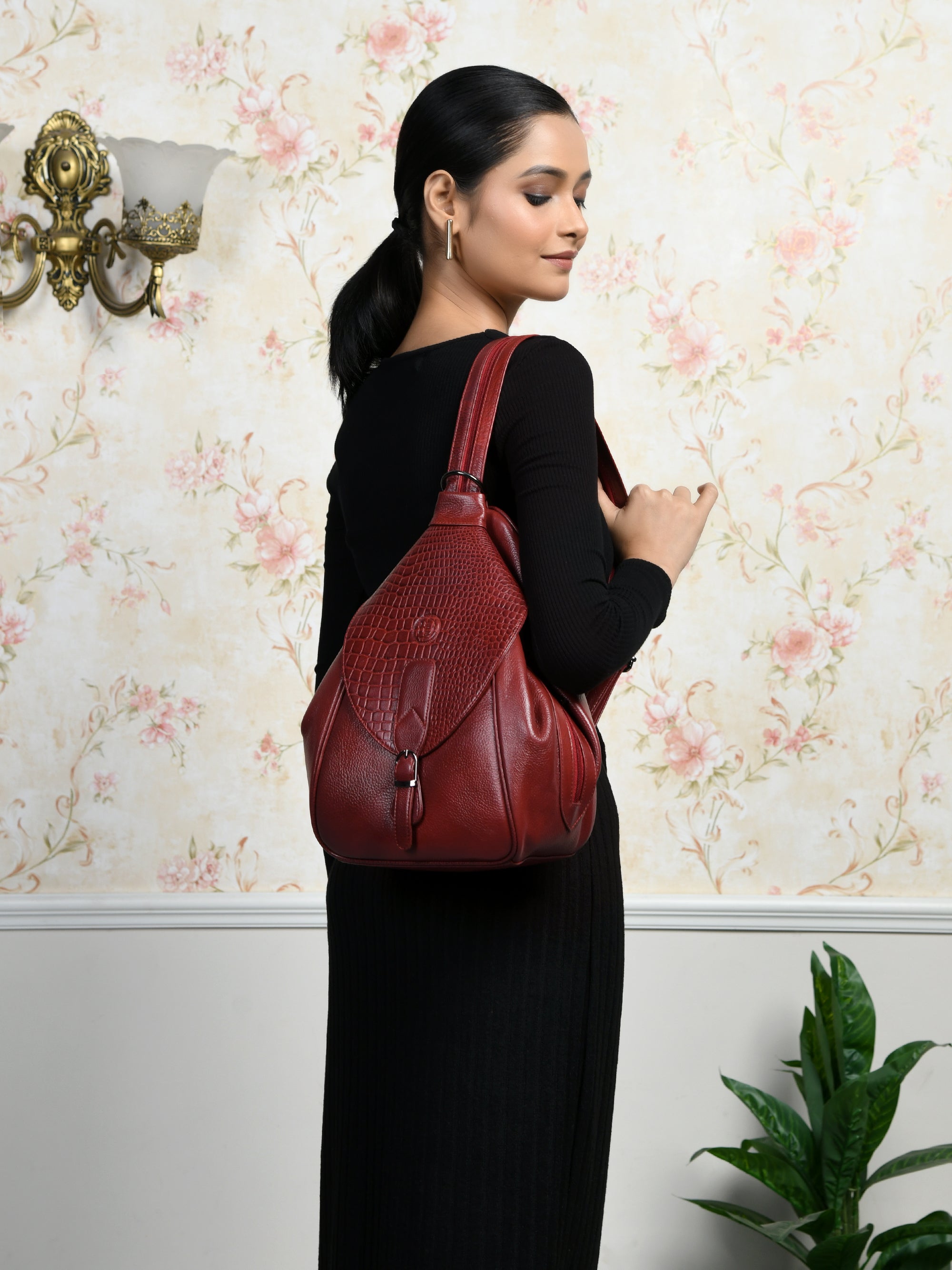 Maroon Croco Leather Shoulder Bag - Cherry Red Colour