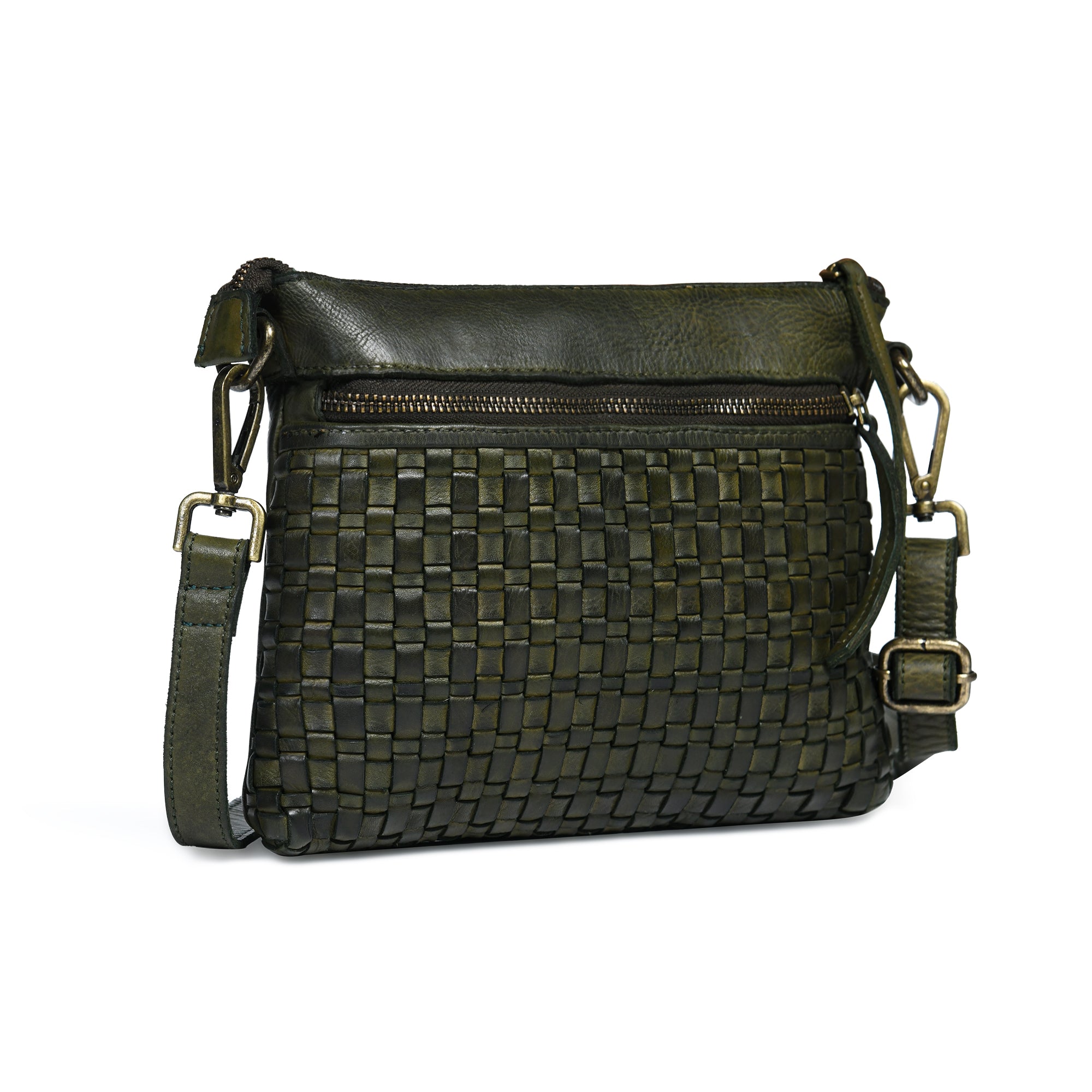Woven Elegance Leather Handbag - Olive Colour