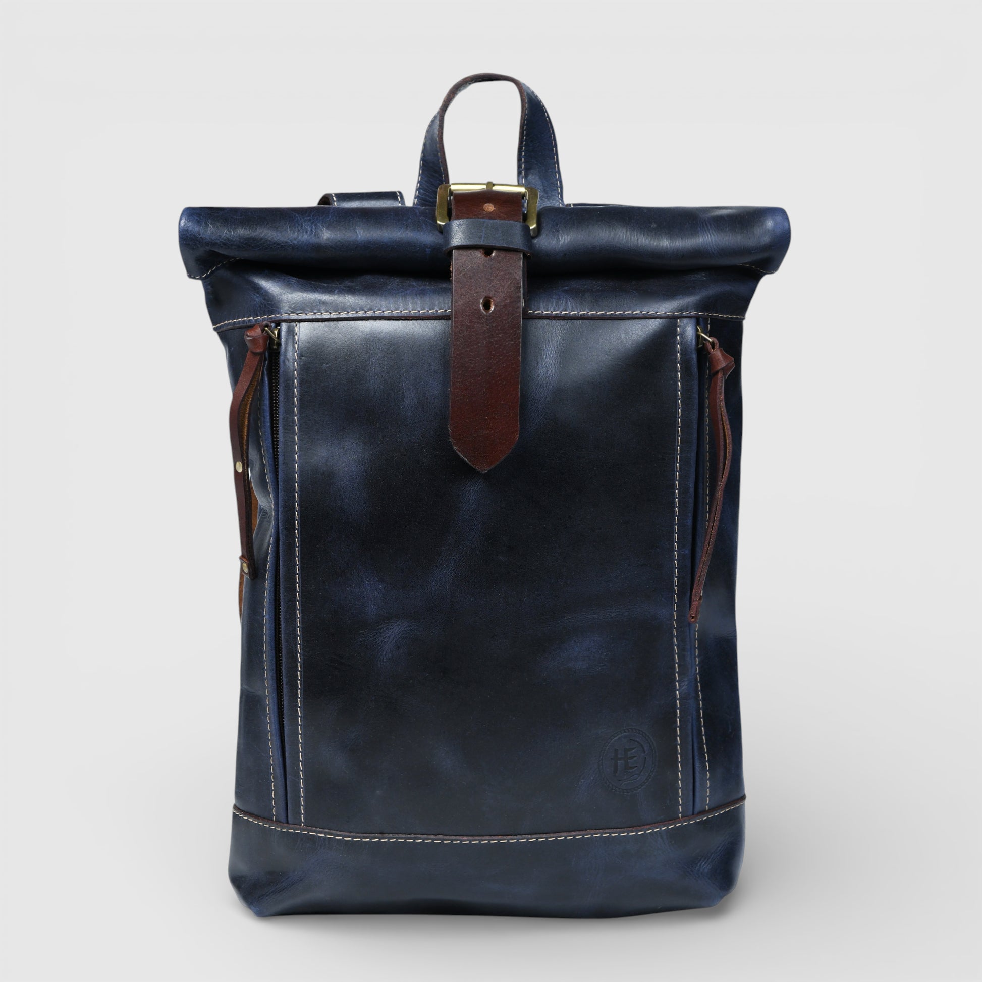 Explorer Vintage Leather Roll-Top Backpack | Midnight Blue