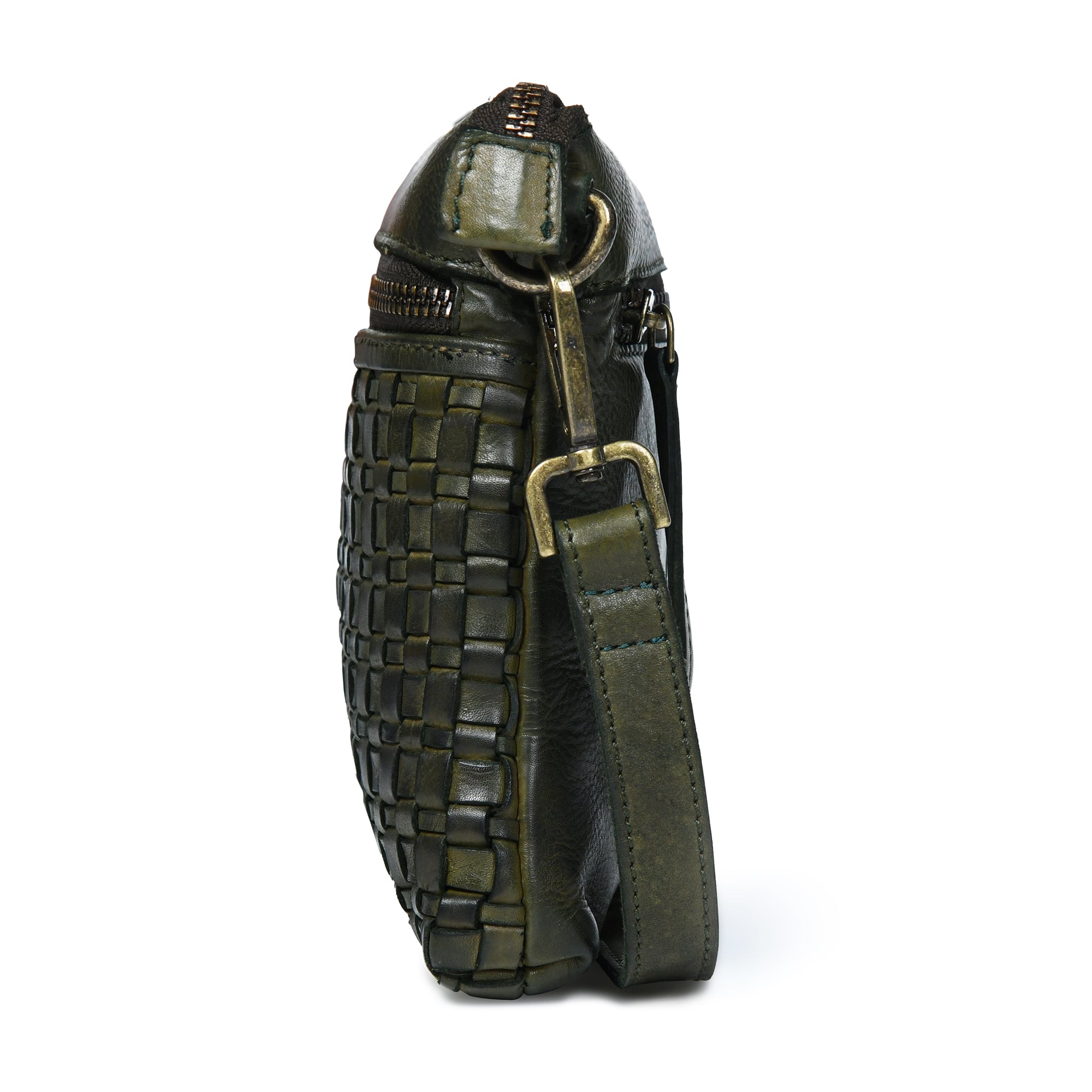 Woven Elegance Leather Handbag - Olive Colour