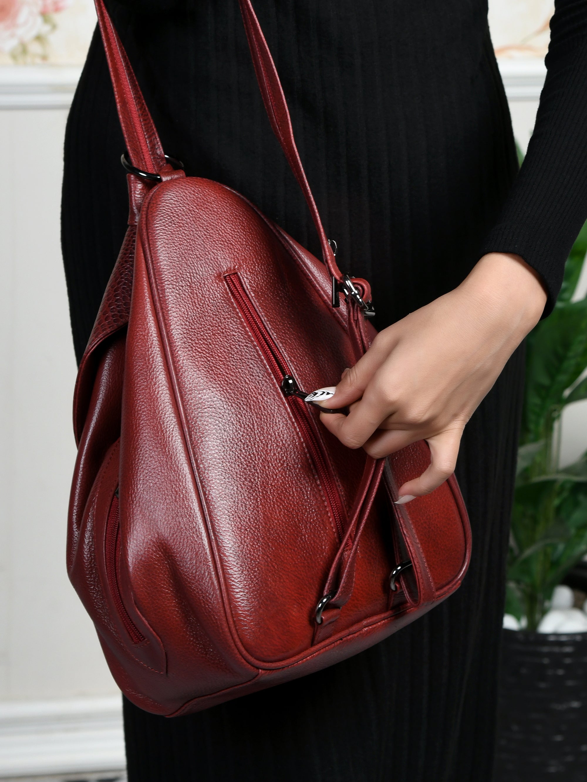 Maroon Croco Leather Shoulder Bag - Cherry Red Colour