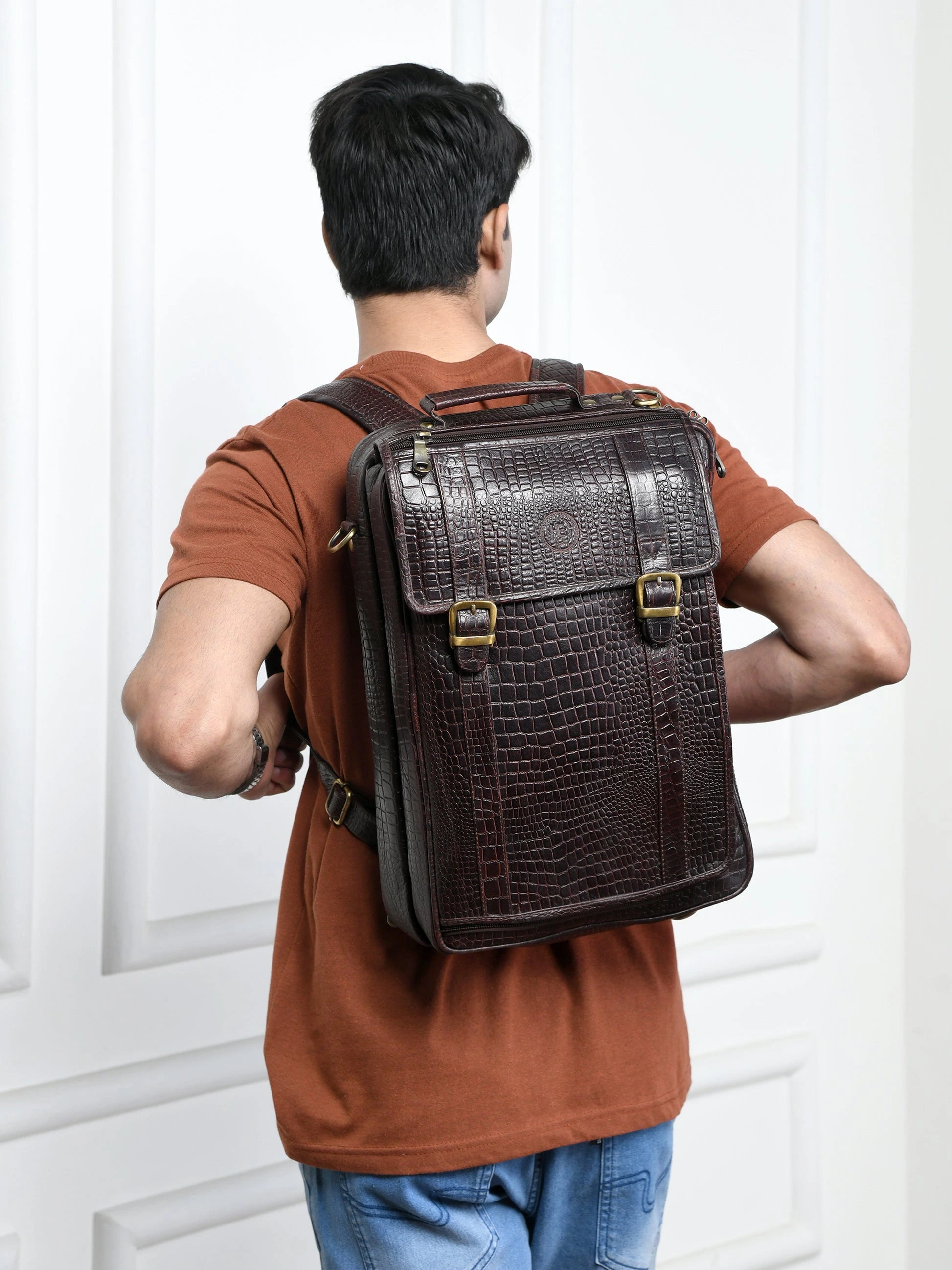 Heritage Voyager Convertible Leather Backpack Croco Textured Laptop Backpack & Briefcase| Maroon colour