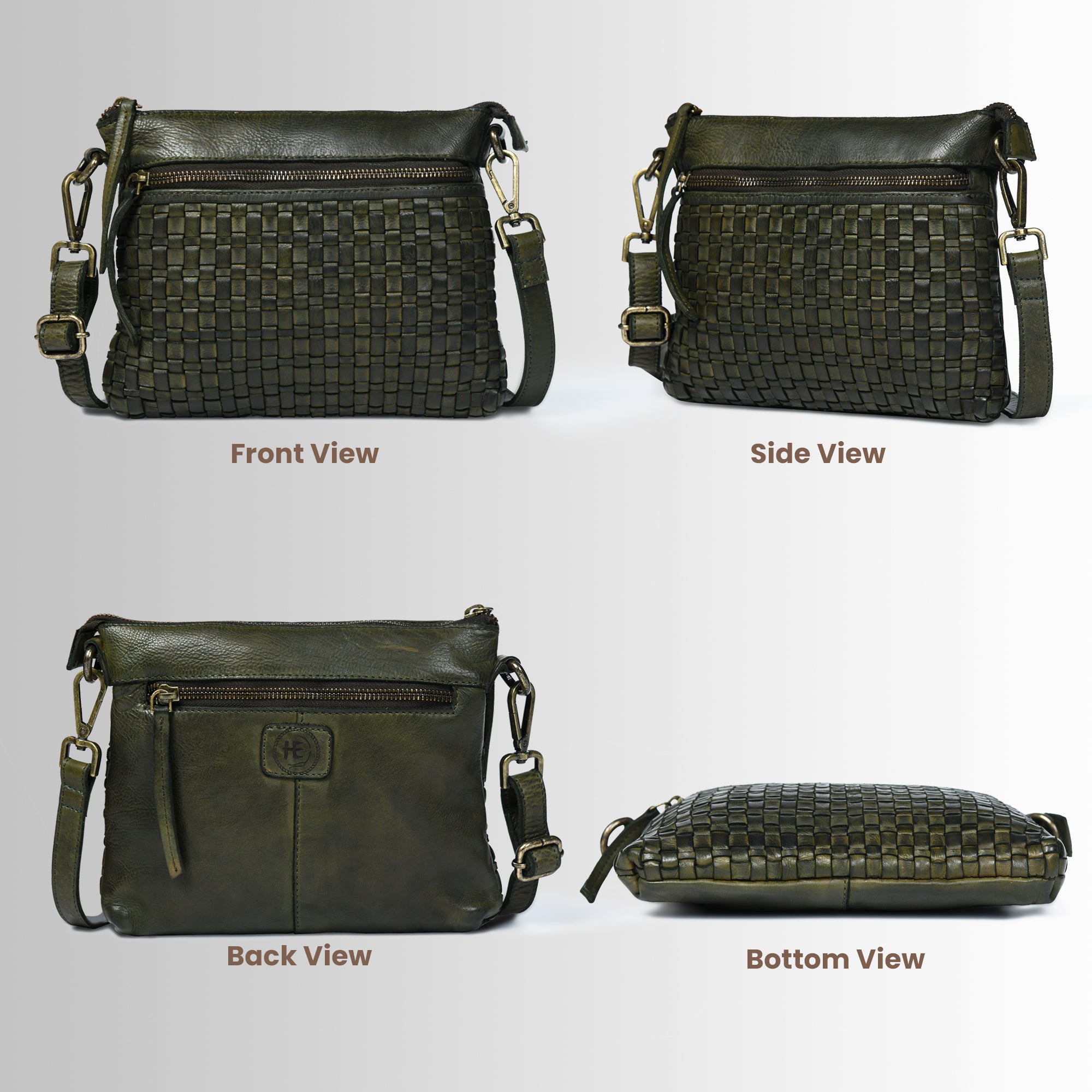 Woven Elegance Leather Handbag - Olive Colour