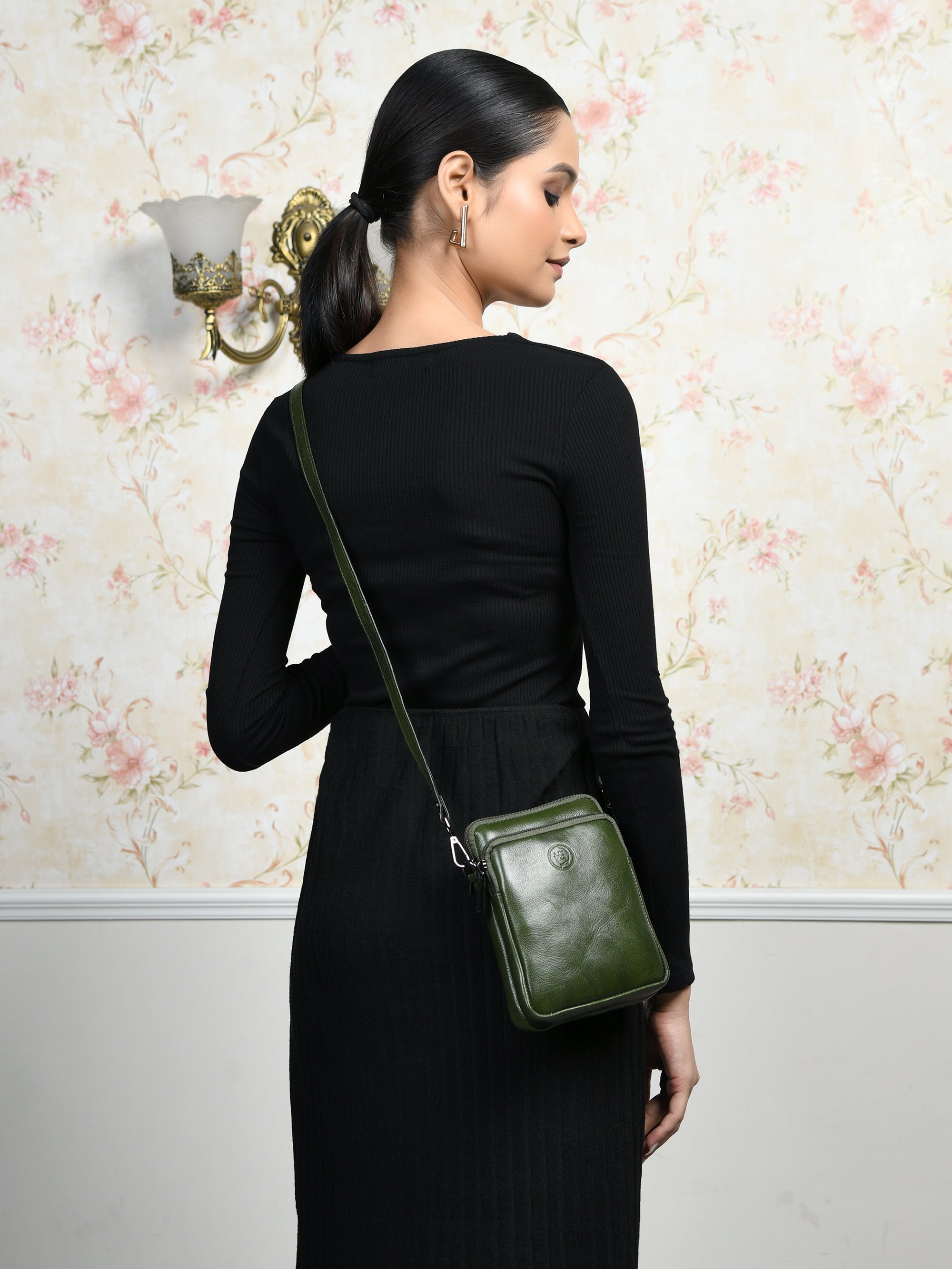 AmberStride Leather Sling Bag – Olive Colour