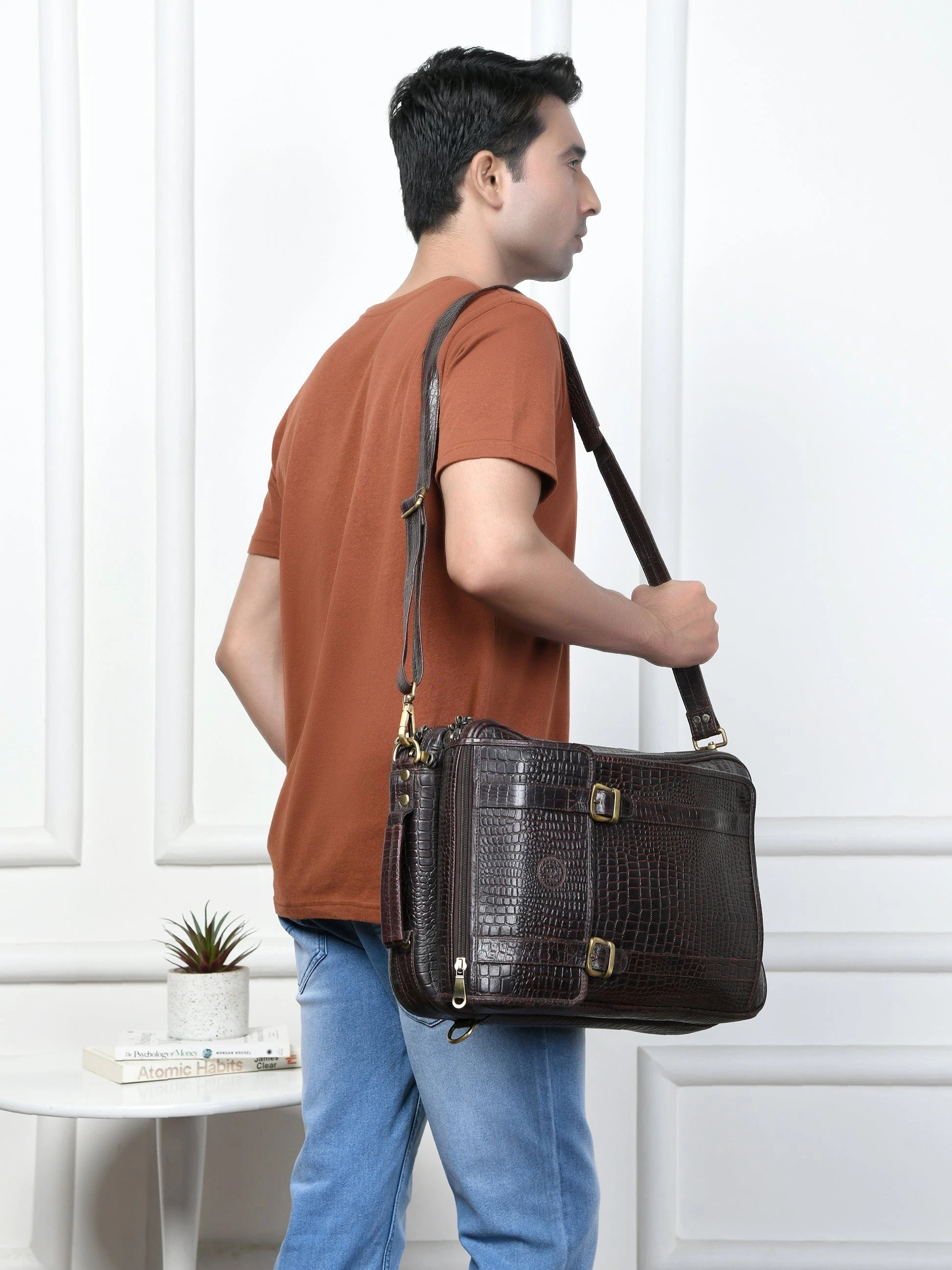 Heritage Voyager Convertible Leather Backpack Croco Textured Laptop Backpack & Briefcase| Maroon colour