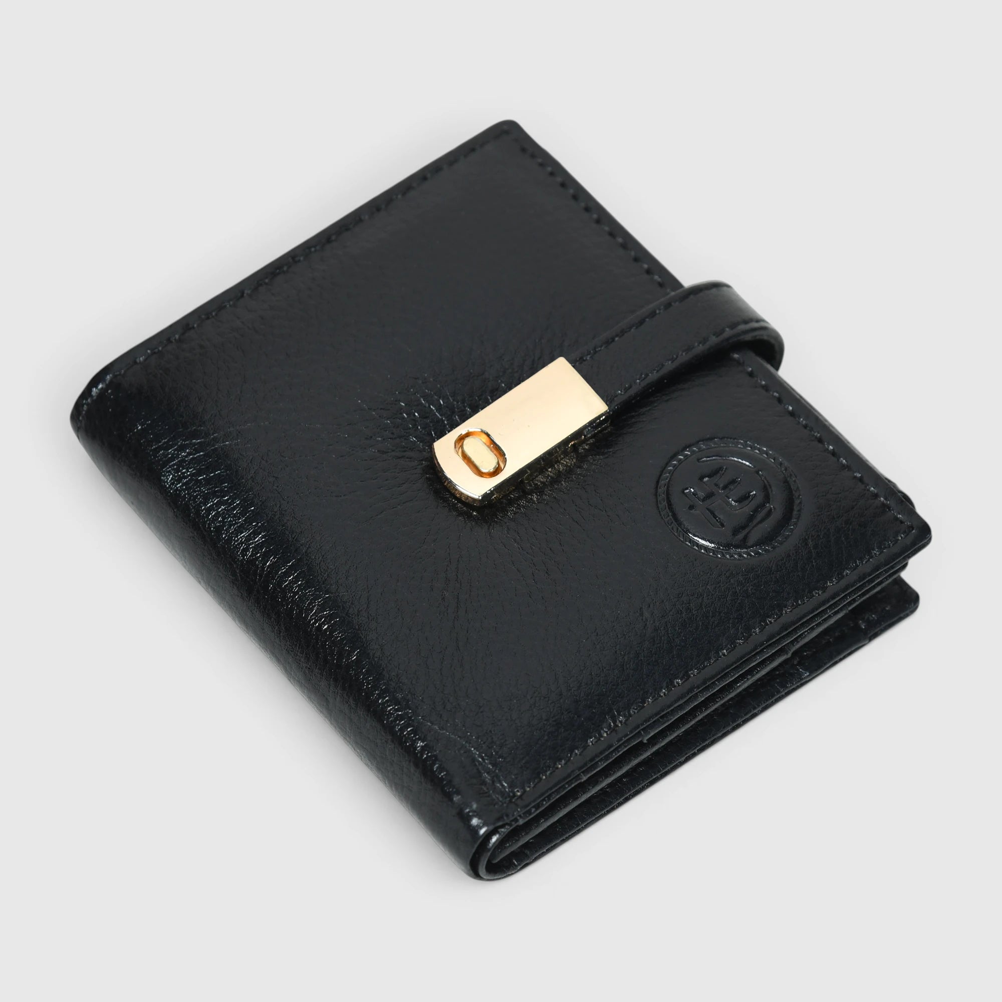 Crest Compact Leather Trifold Wallet – Black Colour