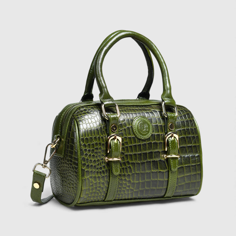 Emerald Luxe Croc Satchel Bag - Olive Colour