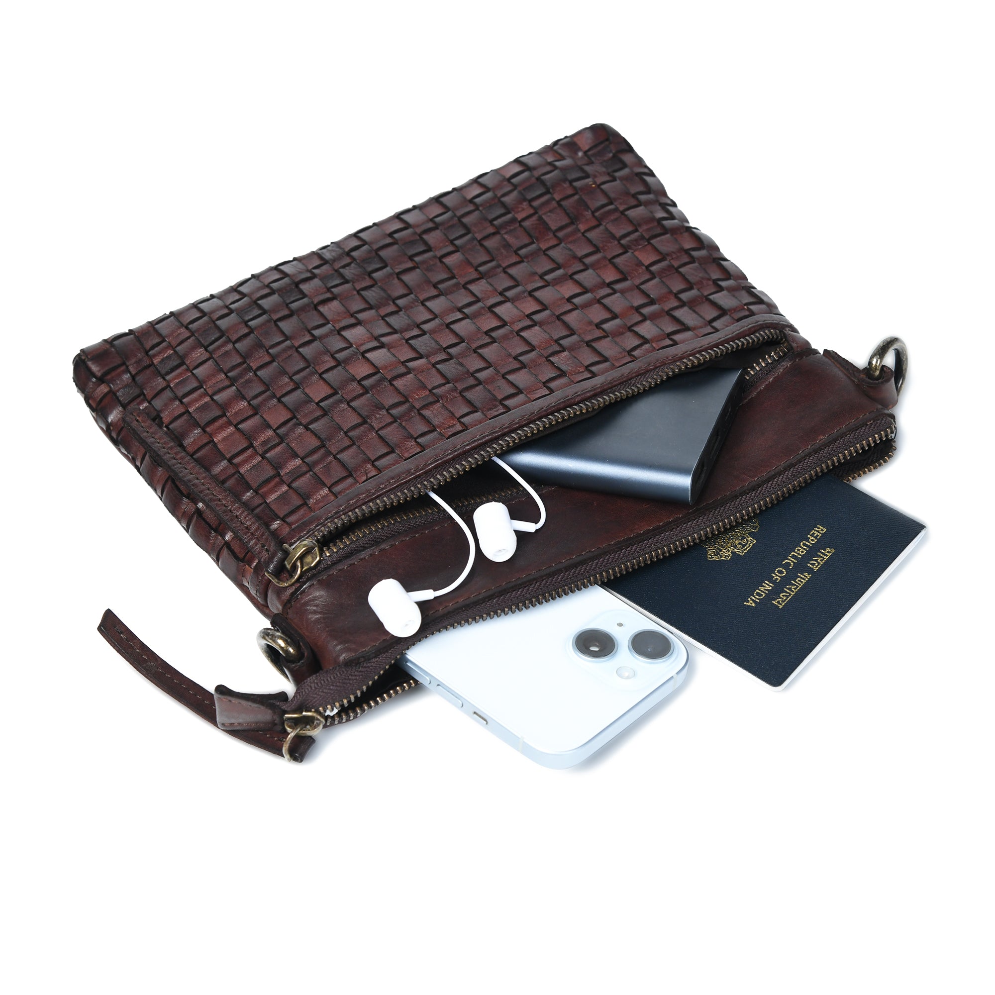 Woven Elegance Leather Handbag - Brown Colour