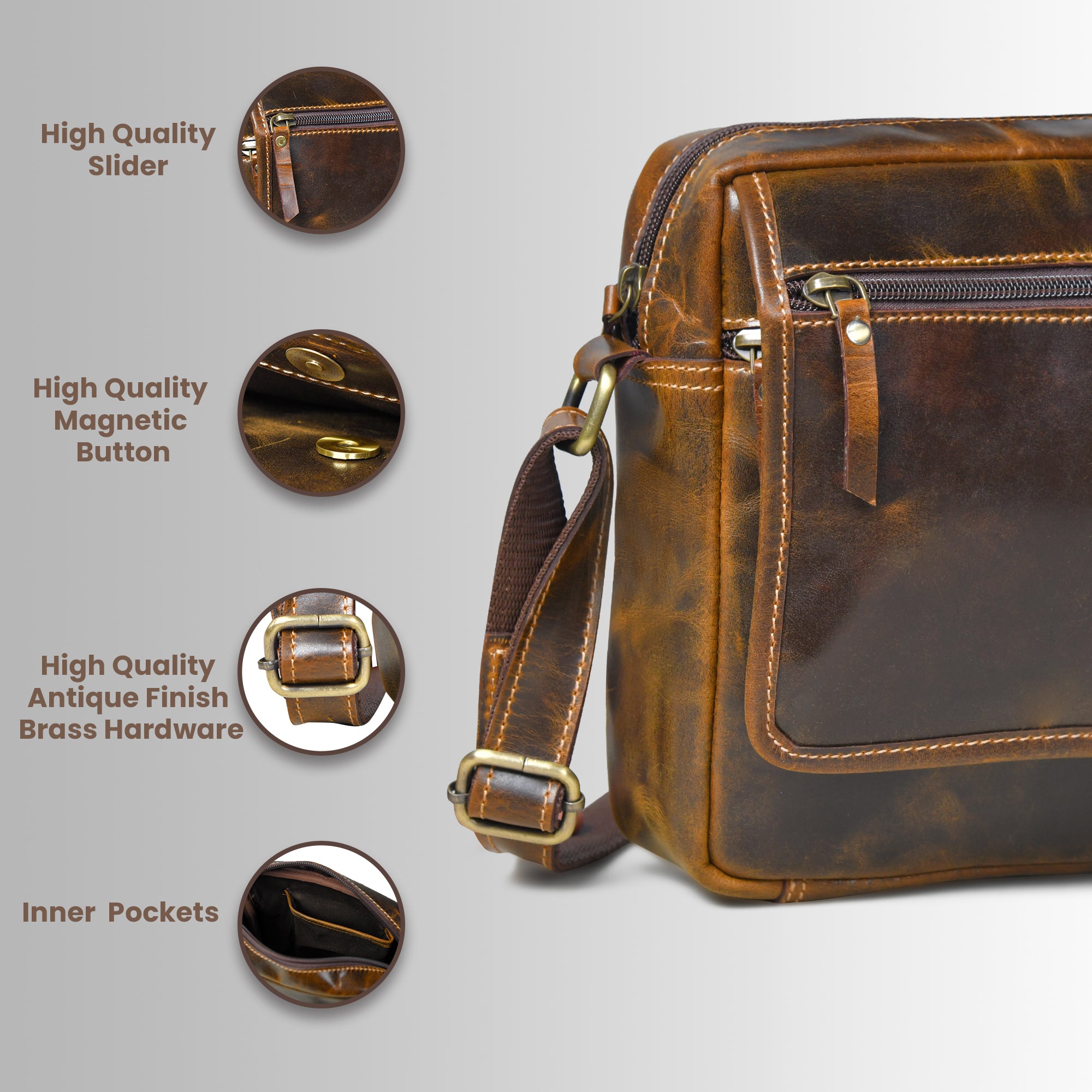Explorer Vintage Leather Sling Bag - Brown colour