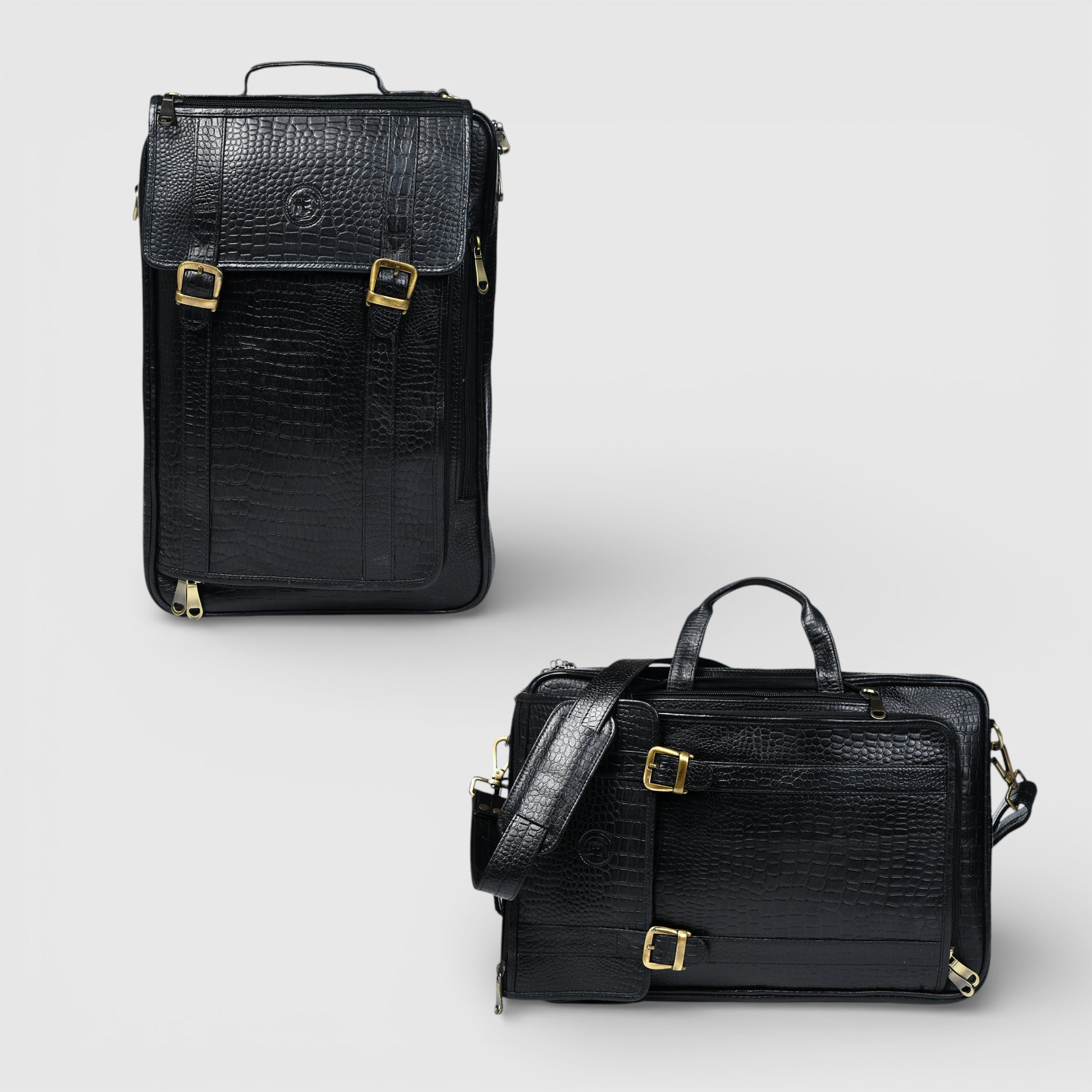 Heritage Voyager Convertible Leather Backpack – Croco Textured Laptop Backpack & Briefcase | Black colour