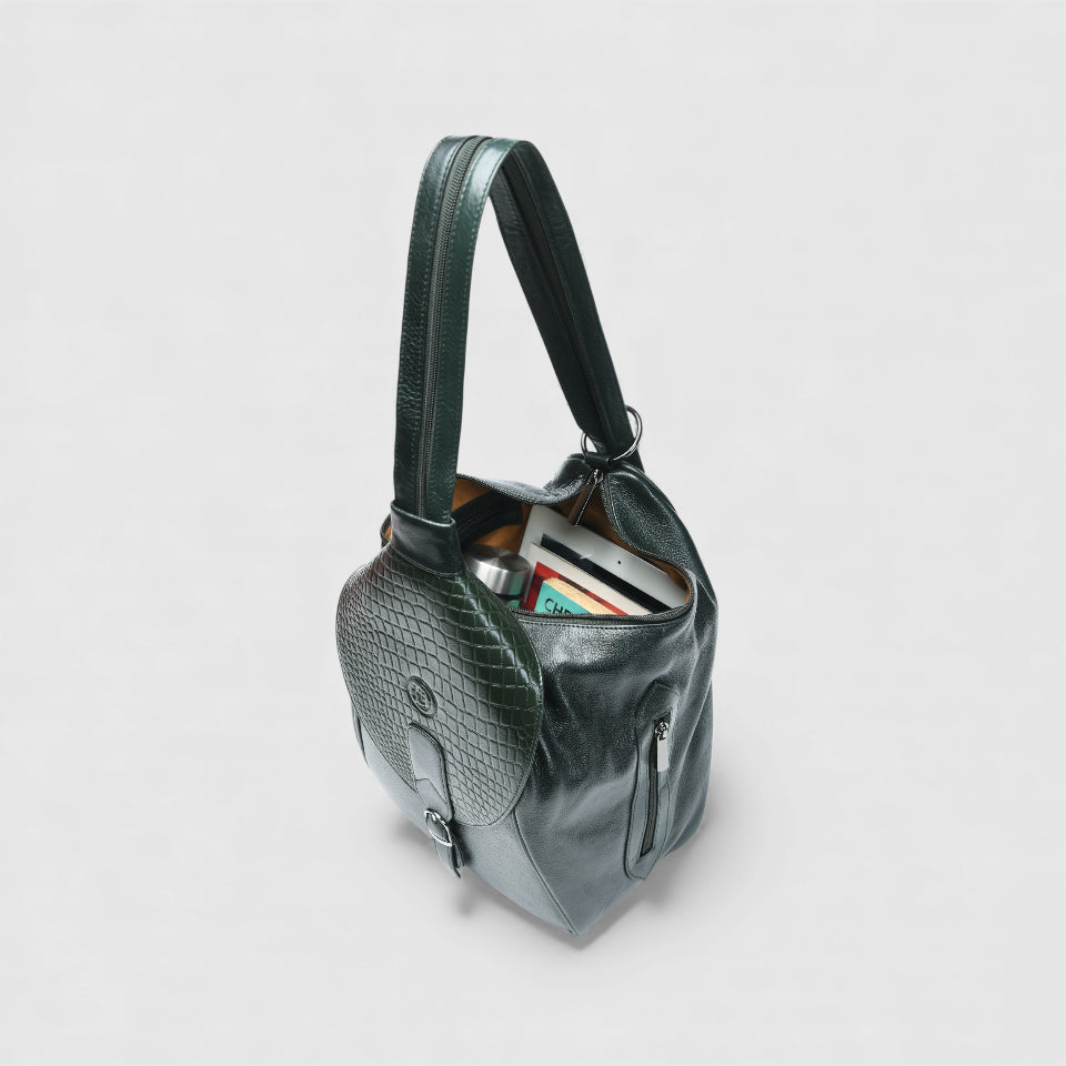 Croco Leather Shoulder Bag - Rich Green