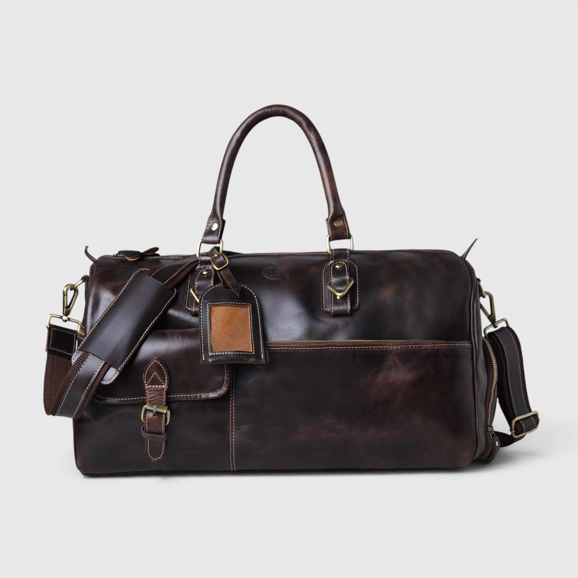 The Odyssey Leather Travel Duffle in Espresso Brown front view