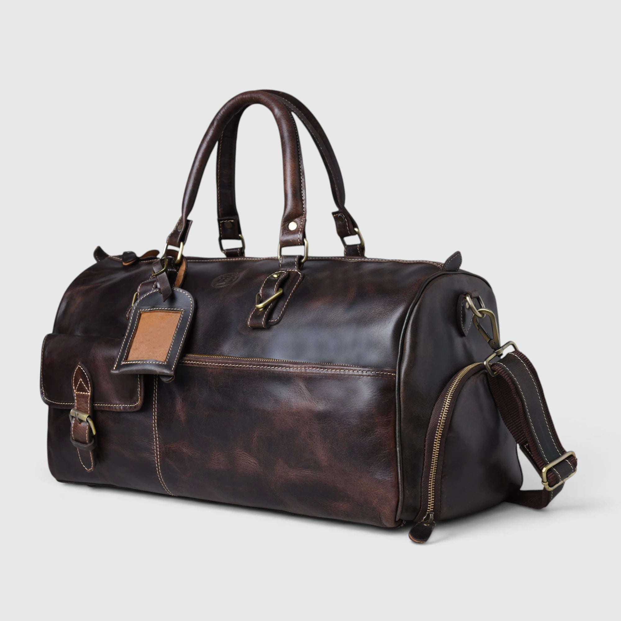 view of The Odyssey Leather Travel Duffle in Espresso Brown