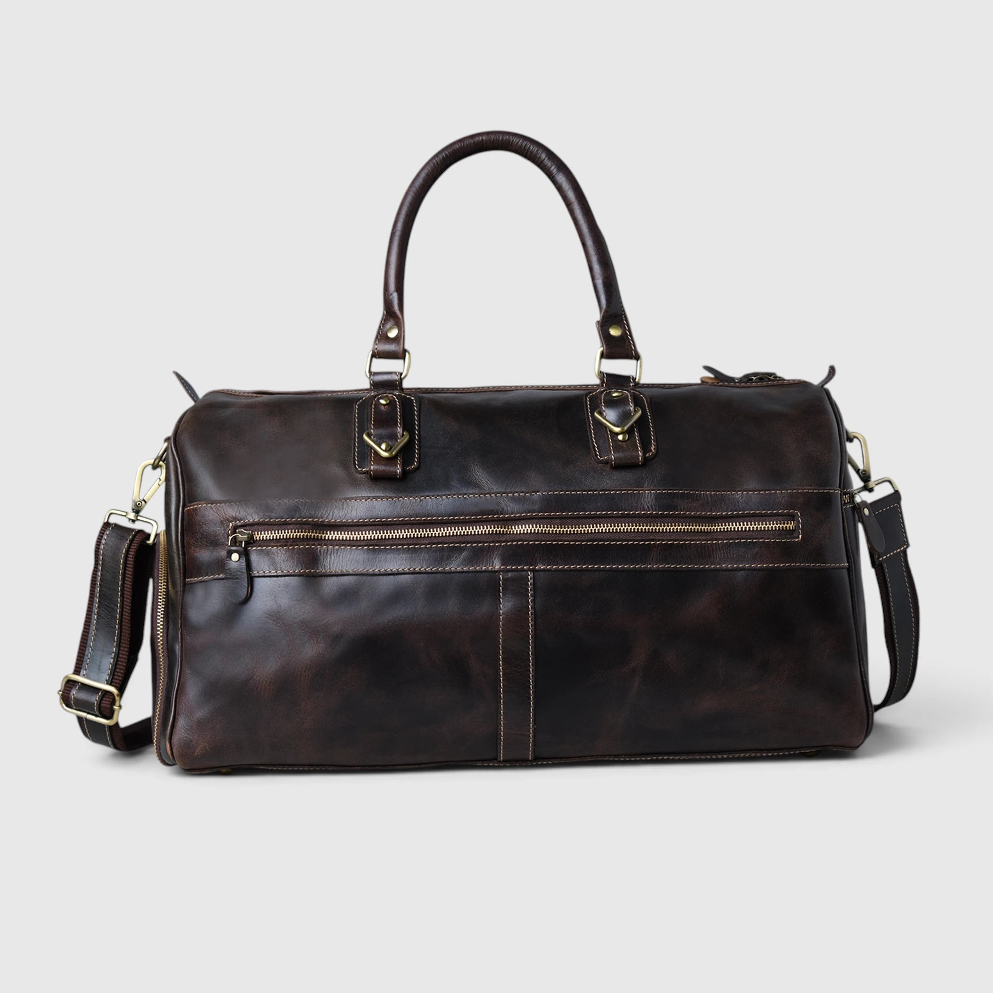 Front magnetic pocket view of The Odyssey Leather Travel Duffle