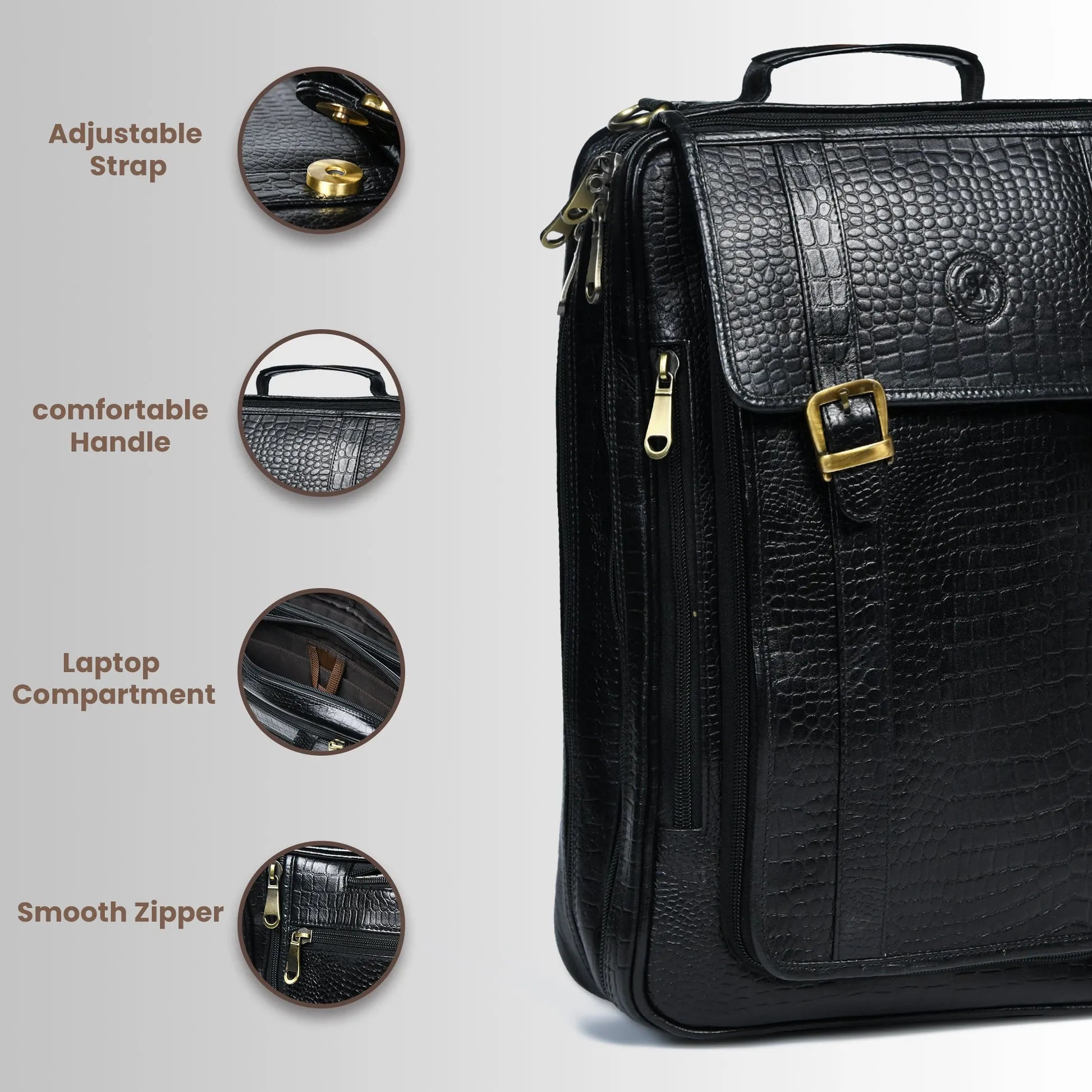 Heritage Voyager Convertible Leather Backpack – Croco Textured Laptop Backpack & Briefcase | Black colour