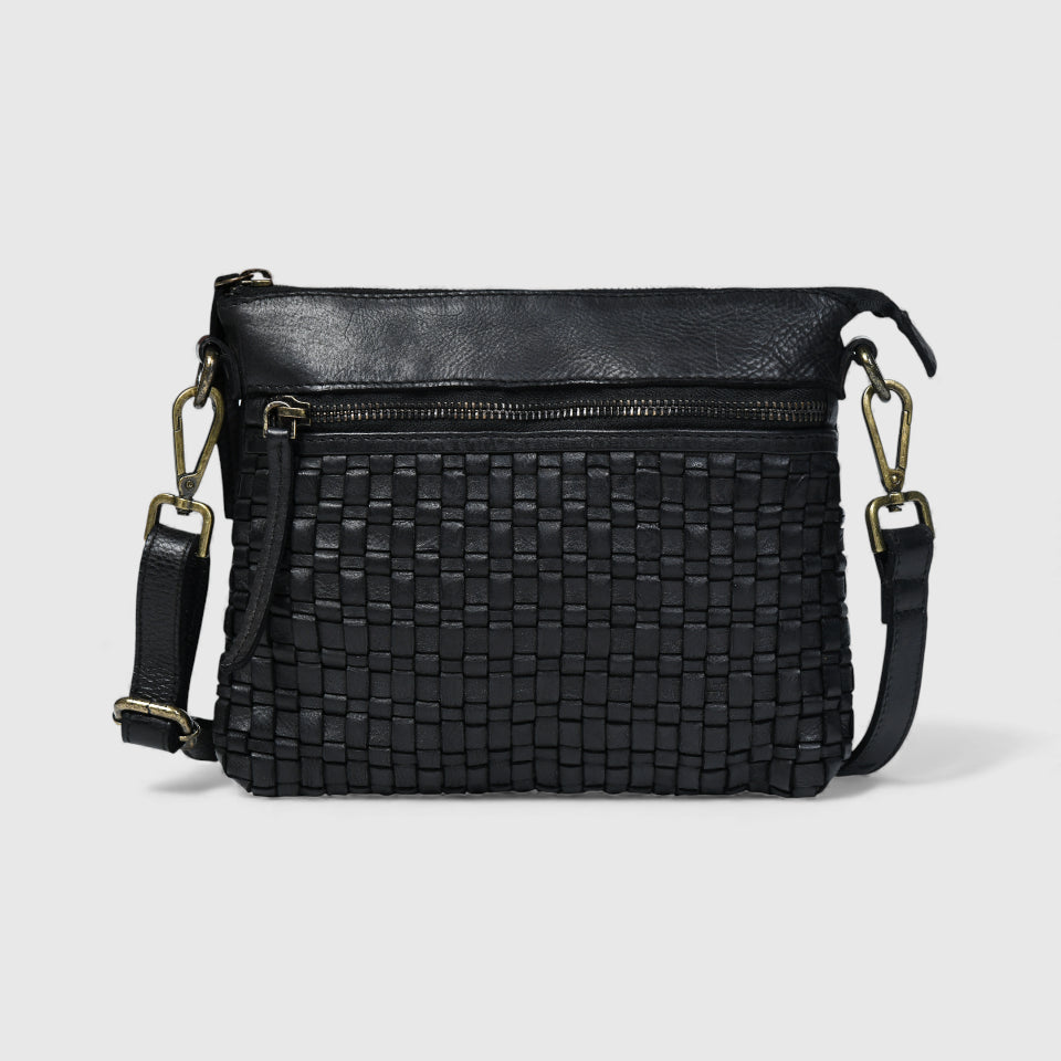Woven Elegance Leather Handbag - Black Colour