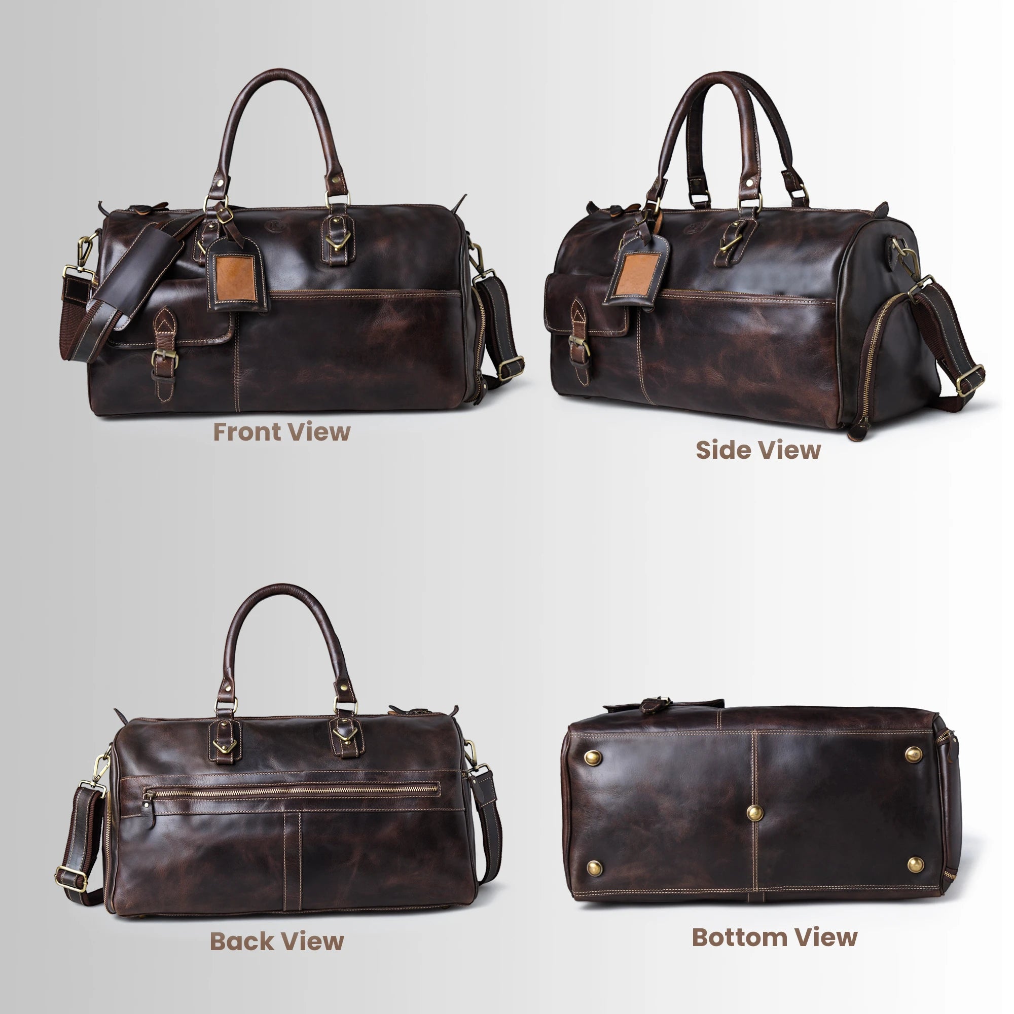 Multi-angle grid view of The Odyssey Leather Travel Duffle in Espresso Brown